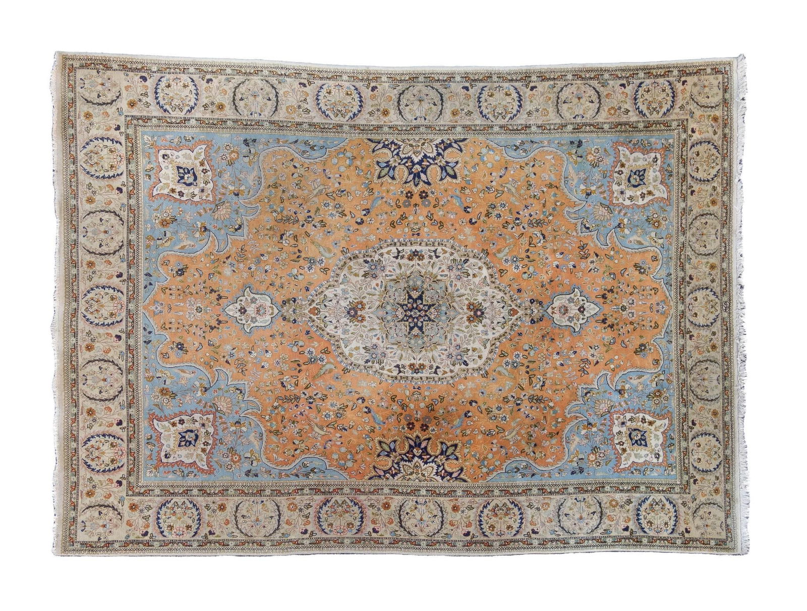 Iranian Room Size Rug: NOT ELIGIBLE FOR IN-HOUSE SHIPPING. 12'8" long X 9' wide. Some discoloration and minor stretching consistent with age and use.