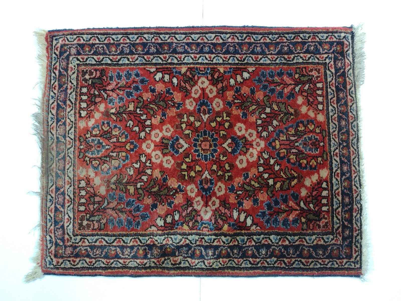 Antique Persian Style Area Rug: NOT ELIGIBLE FOR IN-HOUSE SHIPPING. 2'5" long X 1'11" wide. Some wear and losses to fringe.