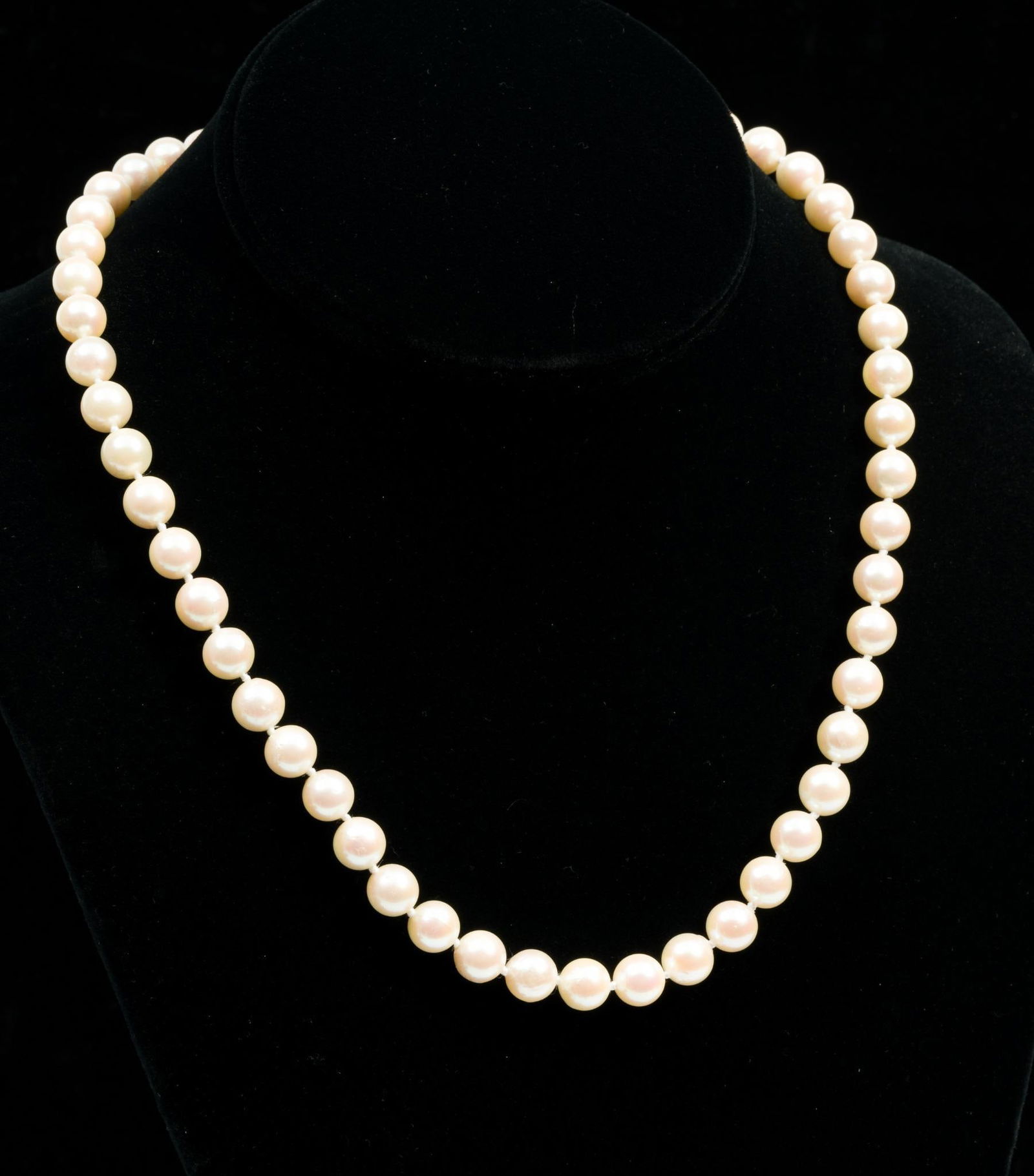 Pearl Necklace Earrings: Individually knotted pearl necklace strand with 14k gold clasp. 18-1/2" long. Pearls 7.5-8mm. Pearl stud earrings with 14k gold posts and backs, pearls 9mm.