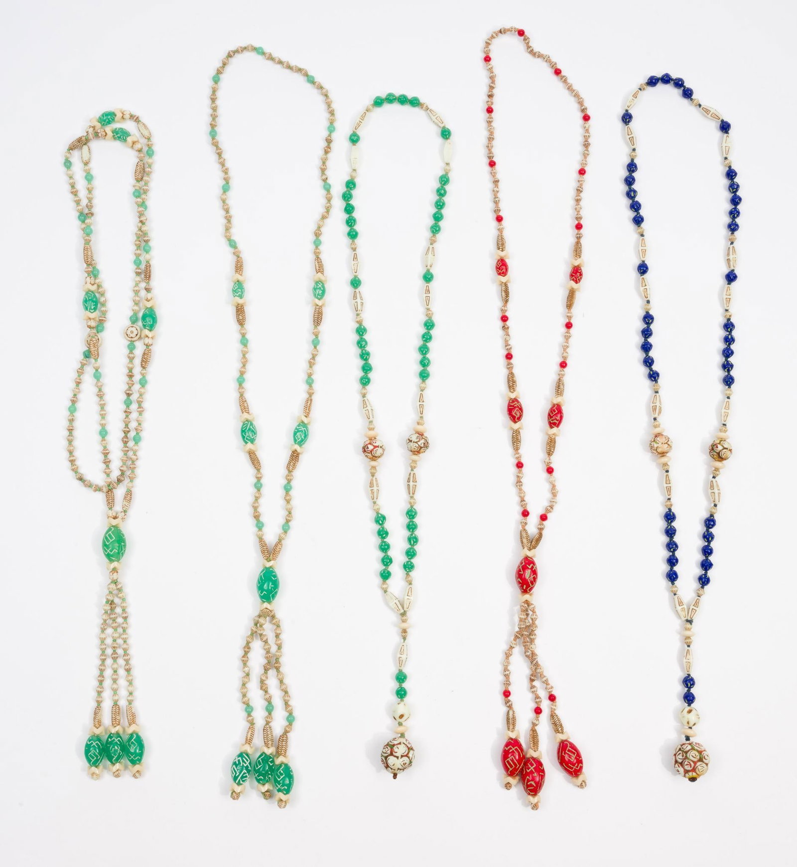 5 Czech Art Glass Necklaces: Attributed to Max Neiger. 18" to 28" long overall.