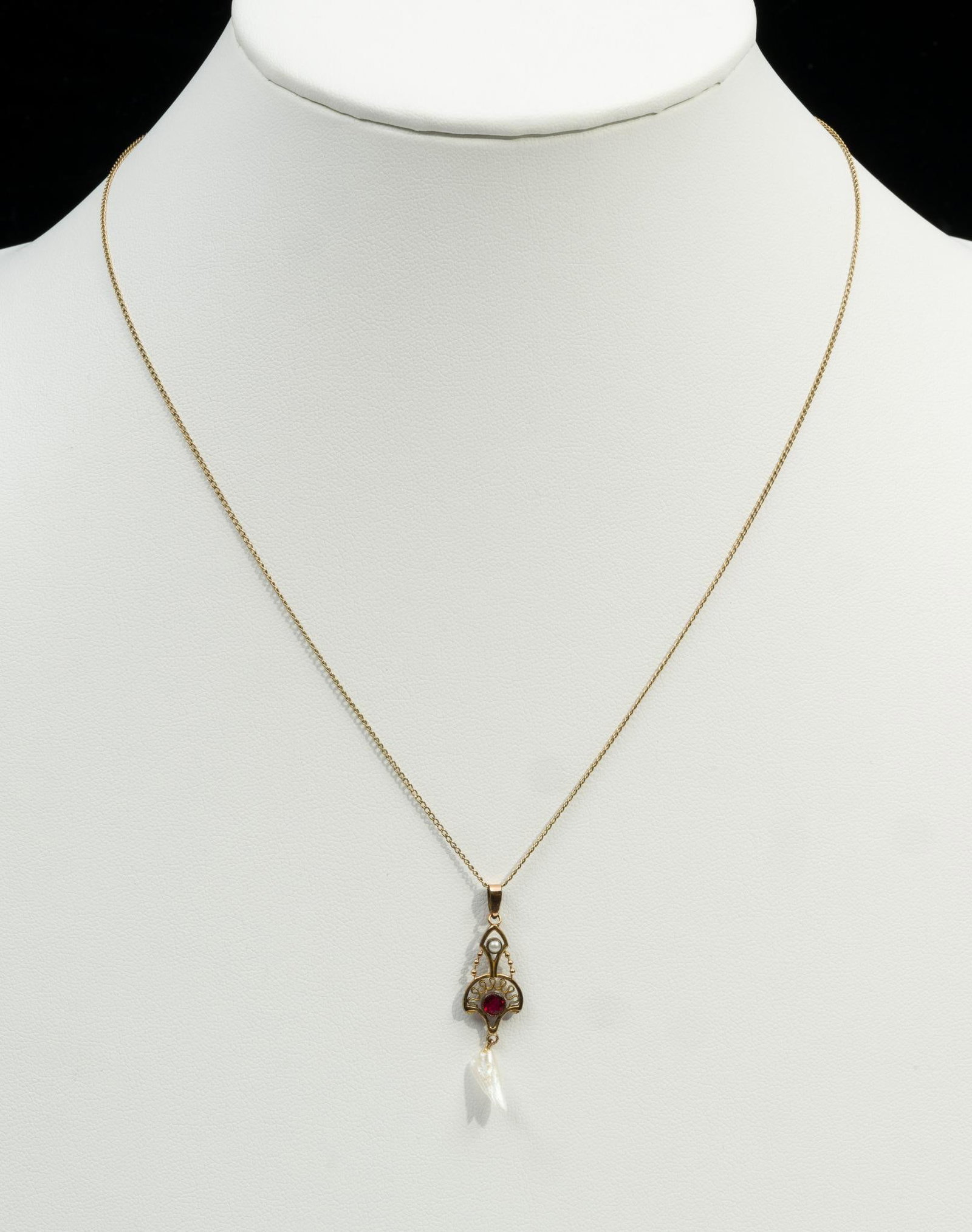Victorian Gold Filled Lavaliere Necklace: Red glass and pearls. Chain 19" long, pendant 1-1/2" high.