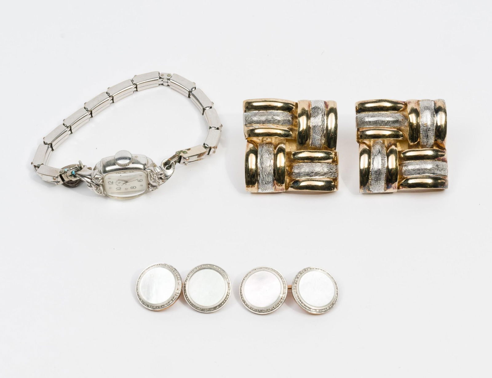 14K Gold Lady Elgin Wristwatch, Earrings, and Cufflinks (1 of 8)