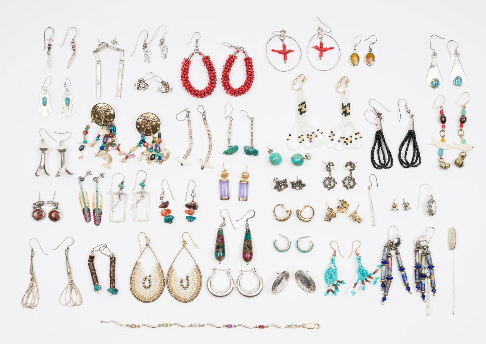 30+ Pairs Earrings incl Sterling Silver: A variety of sizes, mostly for pierced ears. Some may be missing backs.