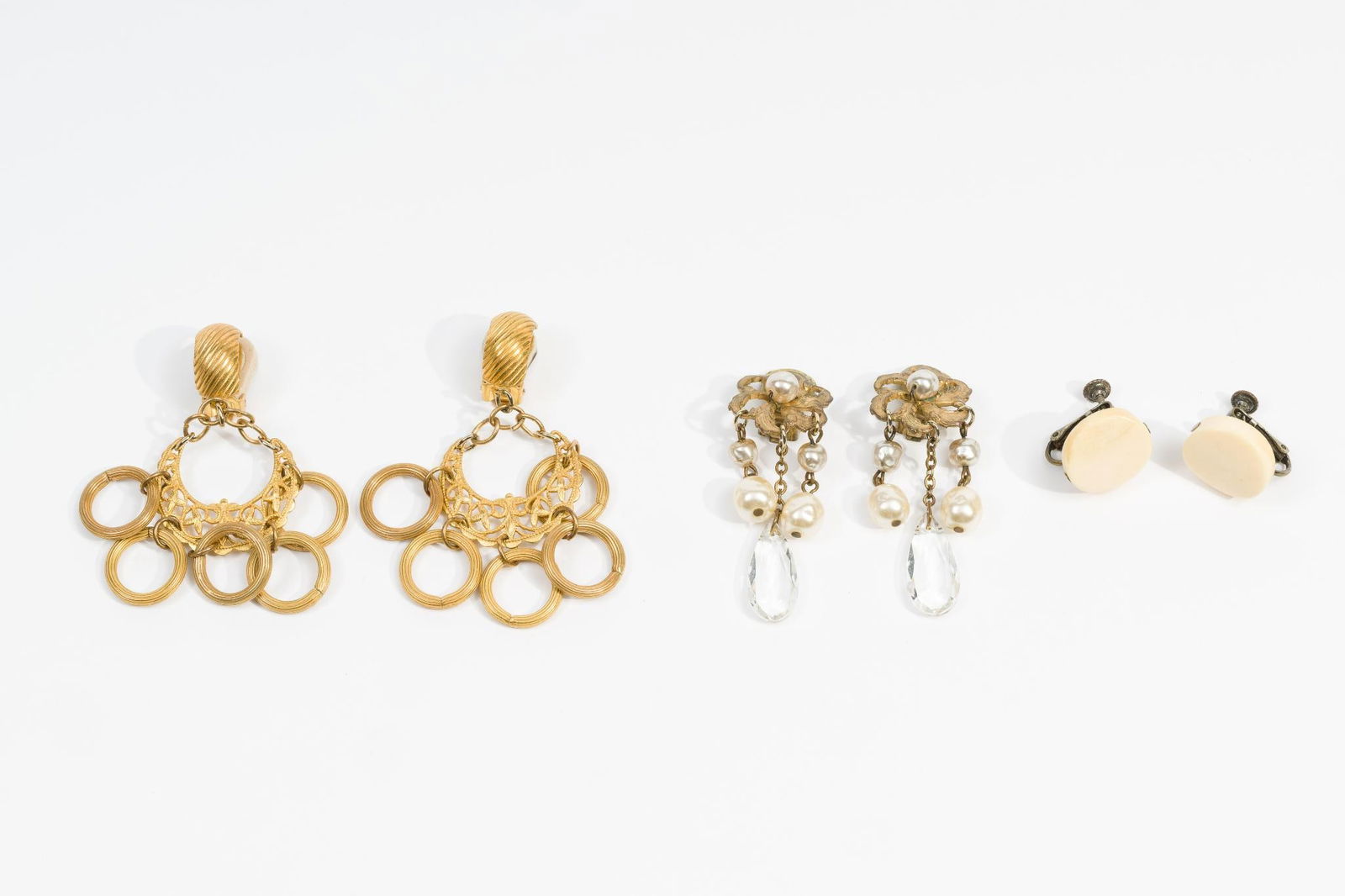 3 Pairs Miriam Haskell Earrings: 3 pairs of clip earrings, all signed Haskell. 3/4" to 2-1/2".