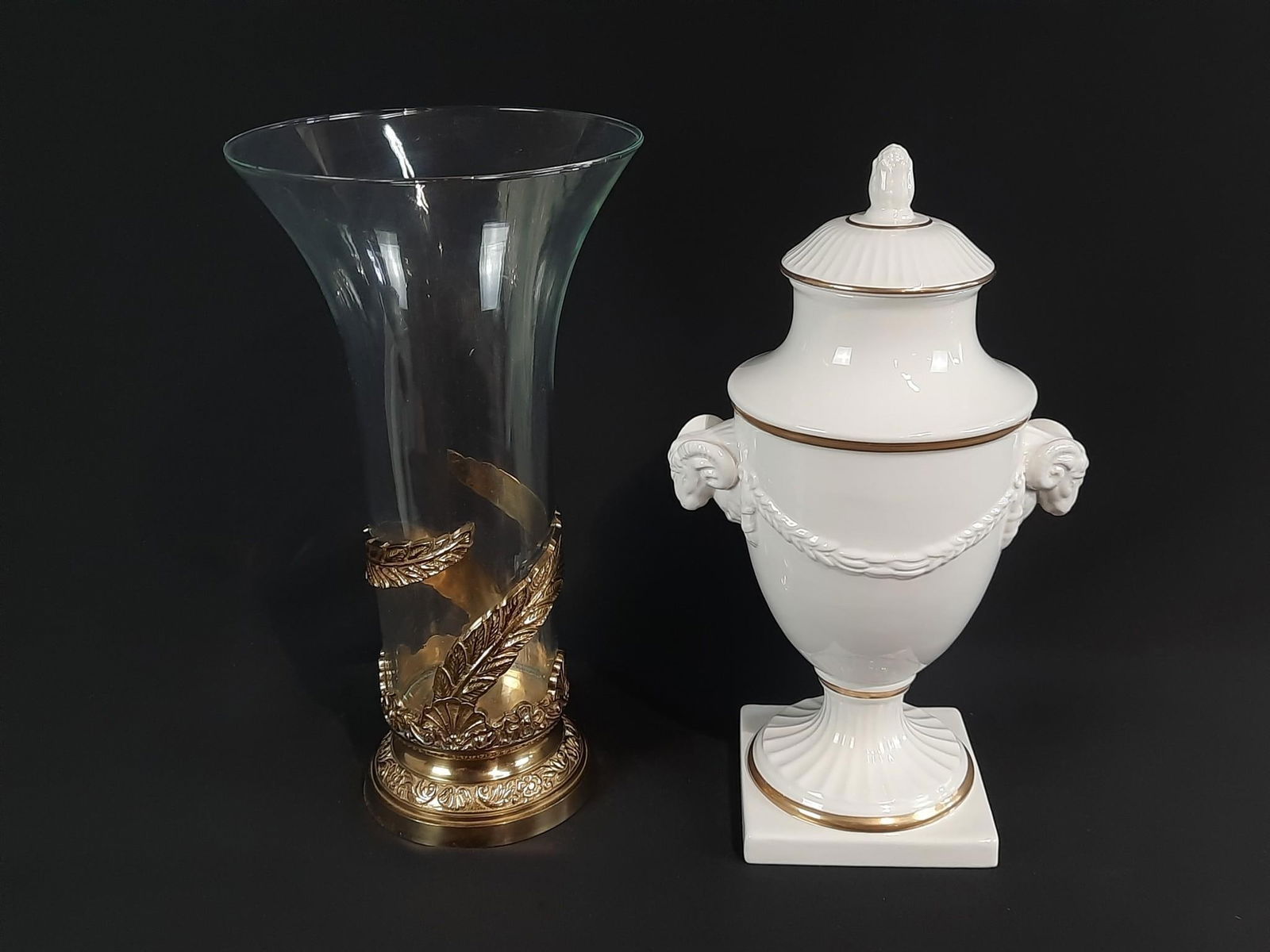 Glass and Brass Vase and Ceramic Urn (1 of 2)
