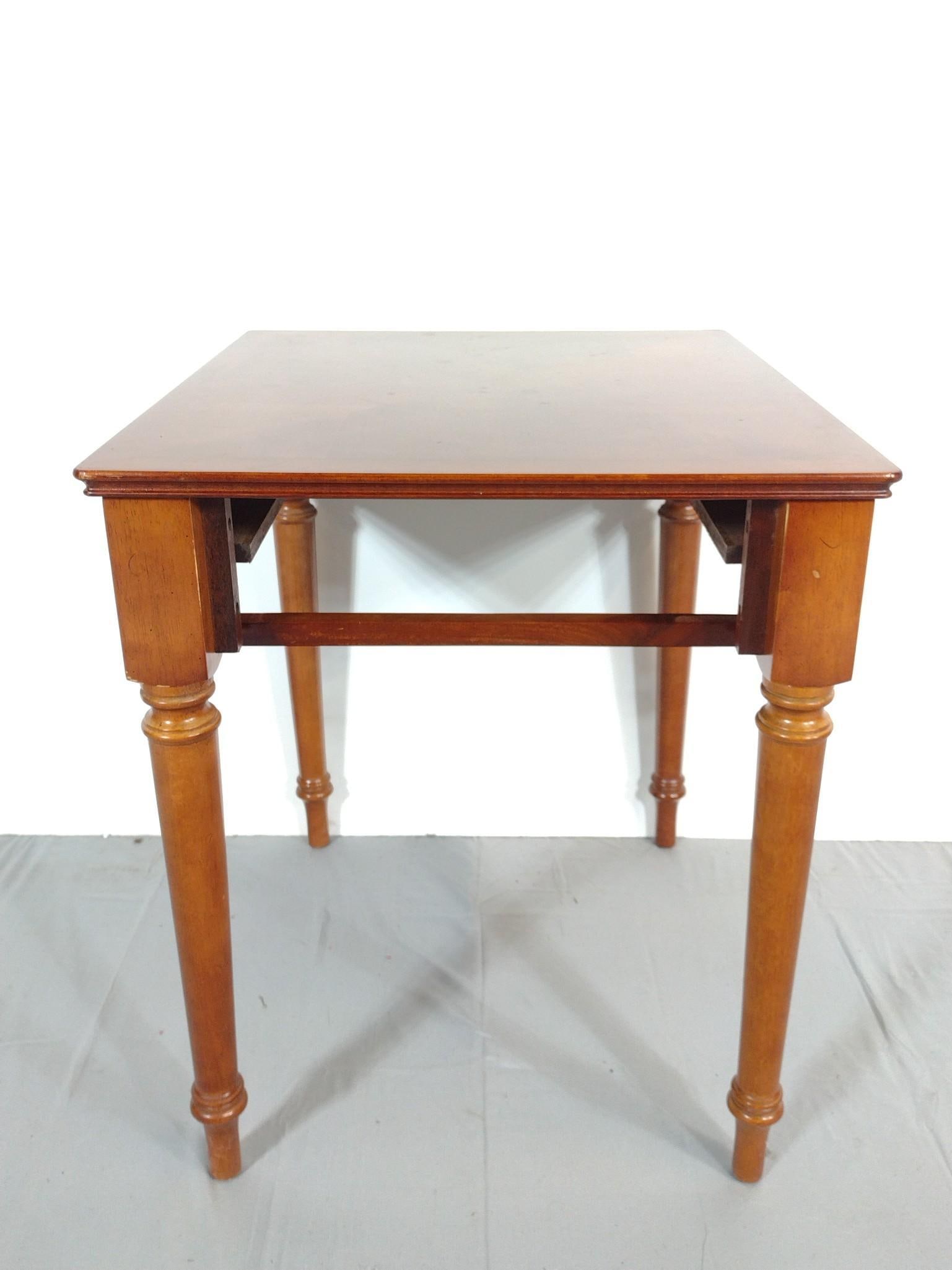 End Table: NOT ELIGIBLE FOR IN-HOUSE SHIPPING. 21" wide X 23-1/2" deep X 25-1/2" high. Missing drawer. Has some light scratches. No manufactures name found.