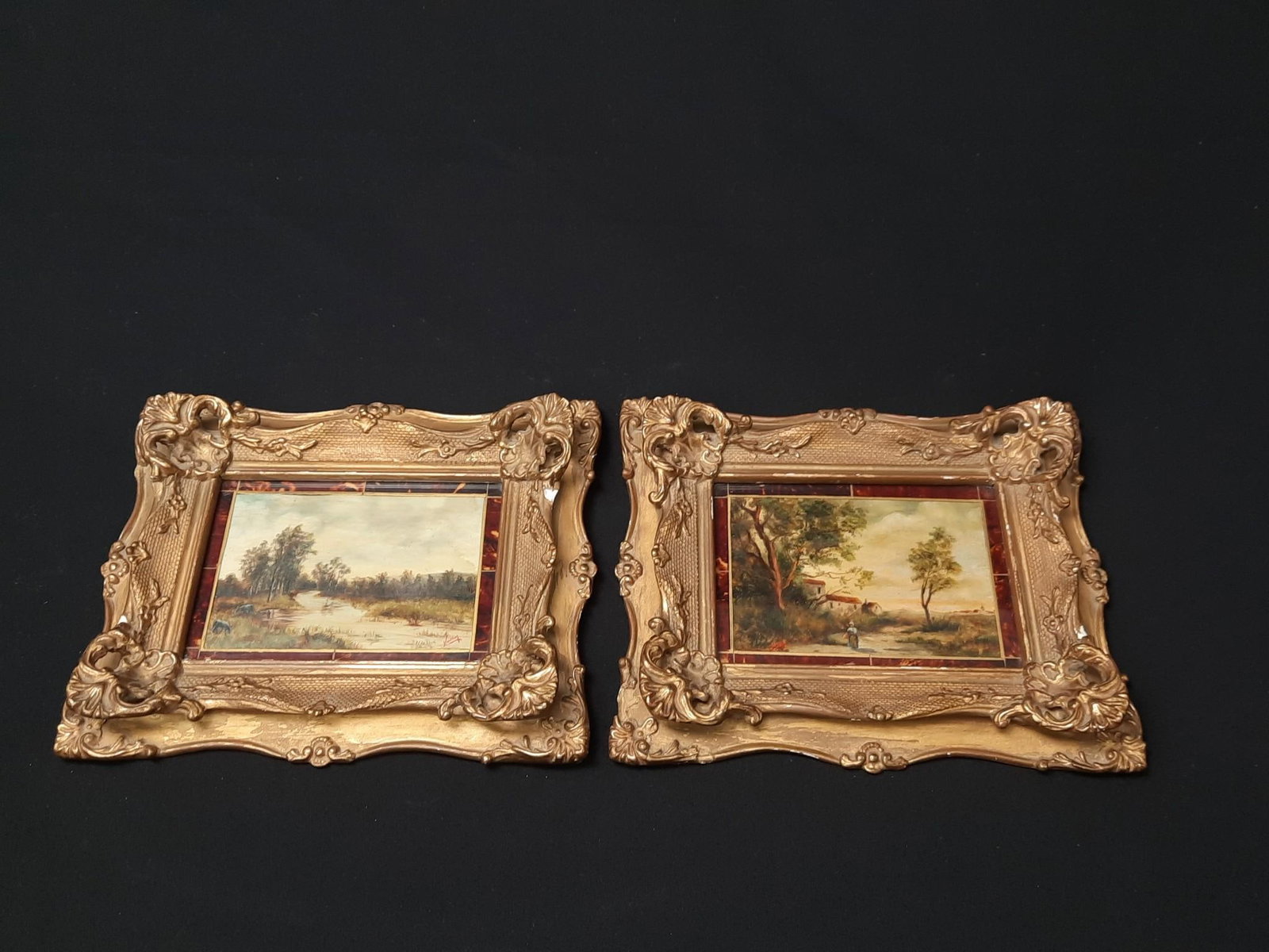 2 Framed Antique Oil Paintings: NOT ELIGIBLE FOR IN-HOUSE SHIPPING. Gilt missing from frames. Both signatures indecipherable. Sight 3-3/4" long x 5-3/4" wide. Overall 9" long x 11" wide.