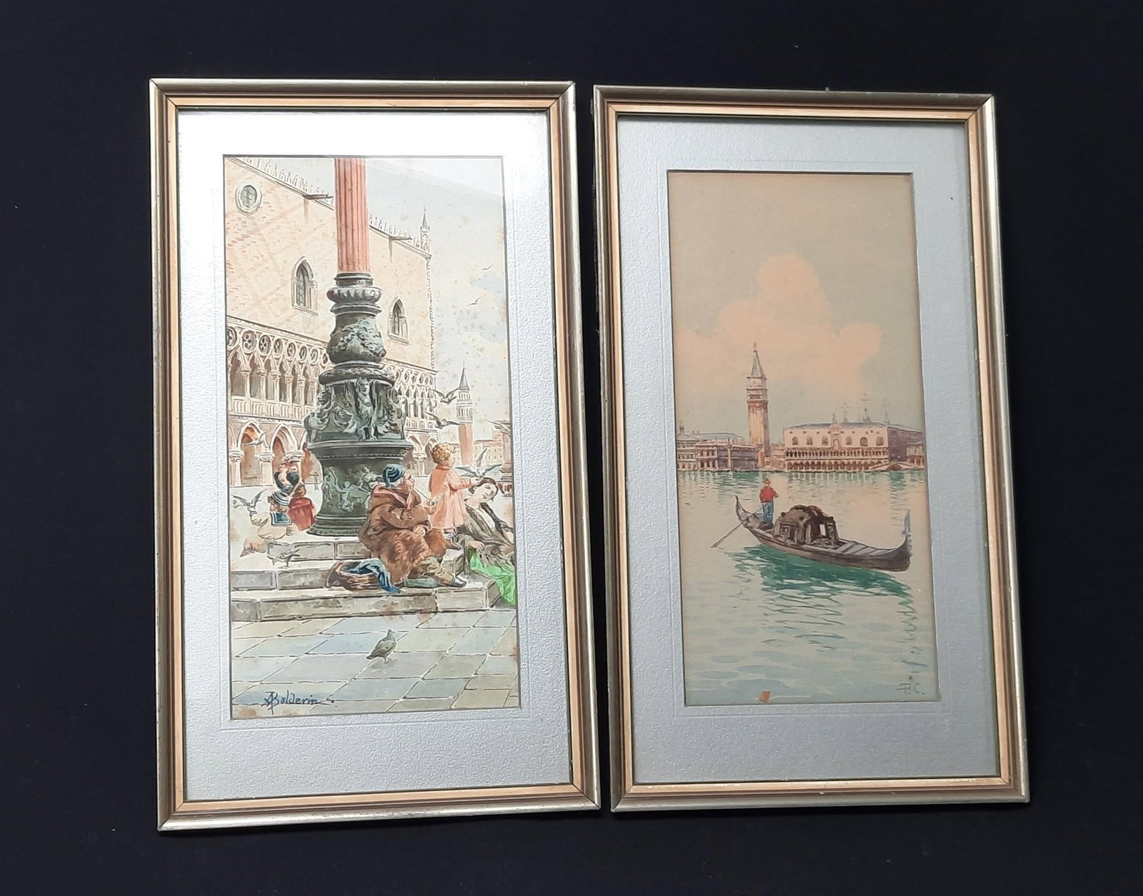 2 Framed Watercolors: NOT ELIGIBLE FOR IN-HOUSE SHIPPING. One signed Bolderin; other signed P.C. (in the manner of Camillo Bortoluzzi). Sight 11-3/4" long x 6-1/4" wide. Overall 16" long x 9-1/4" wide.