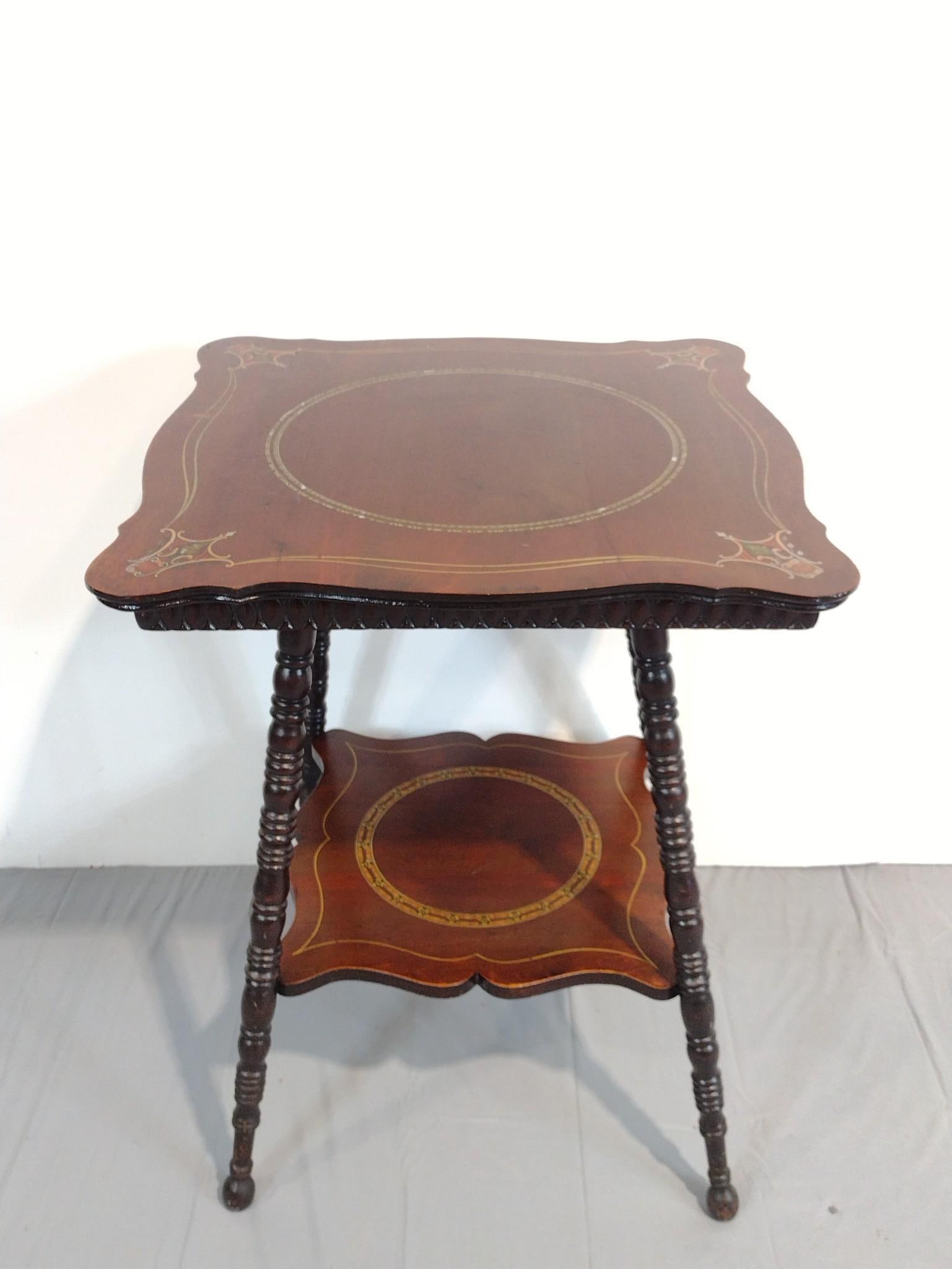 Occasional Table with Inlay: NOT ELIGIBLE FOR IN-HOUSE SHIPPING. 23-1/2" wide X 23-1/2" deep X 29" high. Has some scratches.