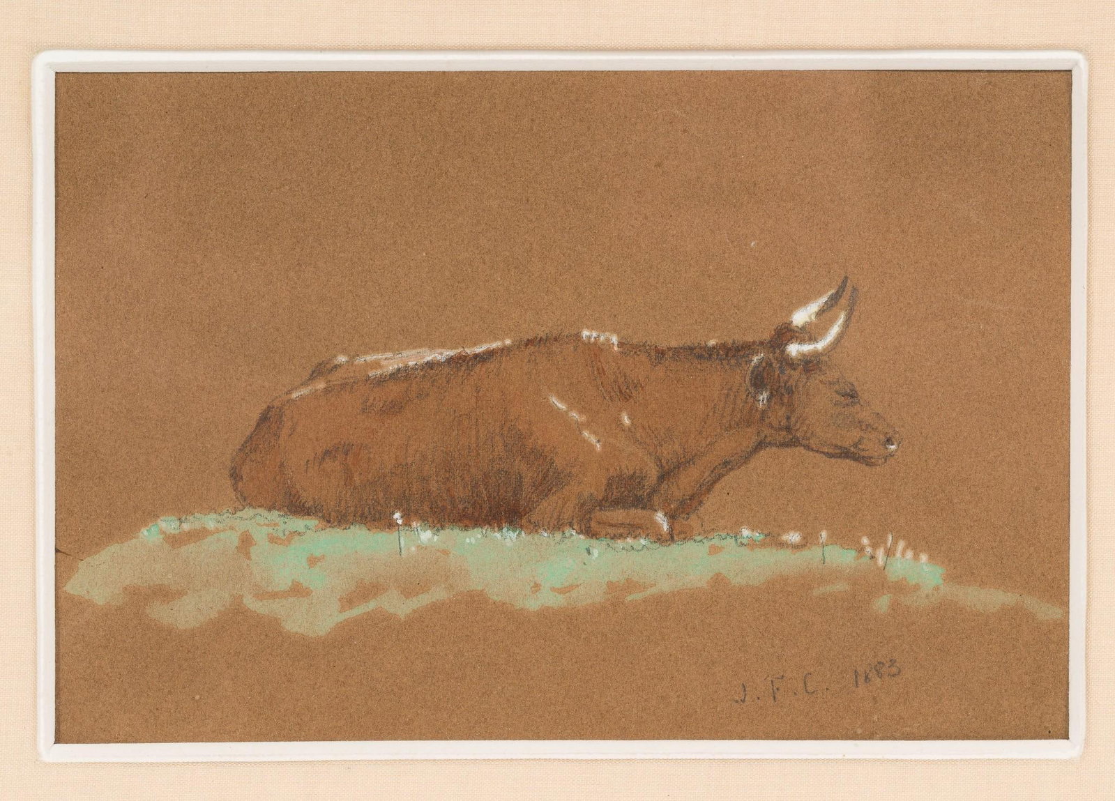 Signed Watercolor / Drawing of a Resting Bull: NOT ELIGIBLE FOR IN-HOUSE SHIPPING. Signed and dated at lower right "J. F. C. 1883". Sight: 3-3/4" high x 6" wide. Overall with frame: 15" high x 13" wide.