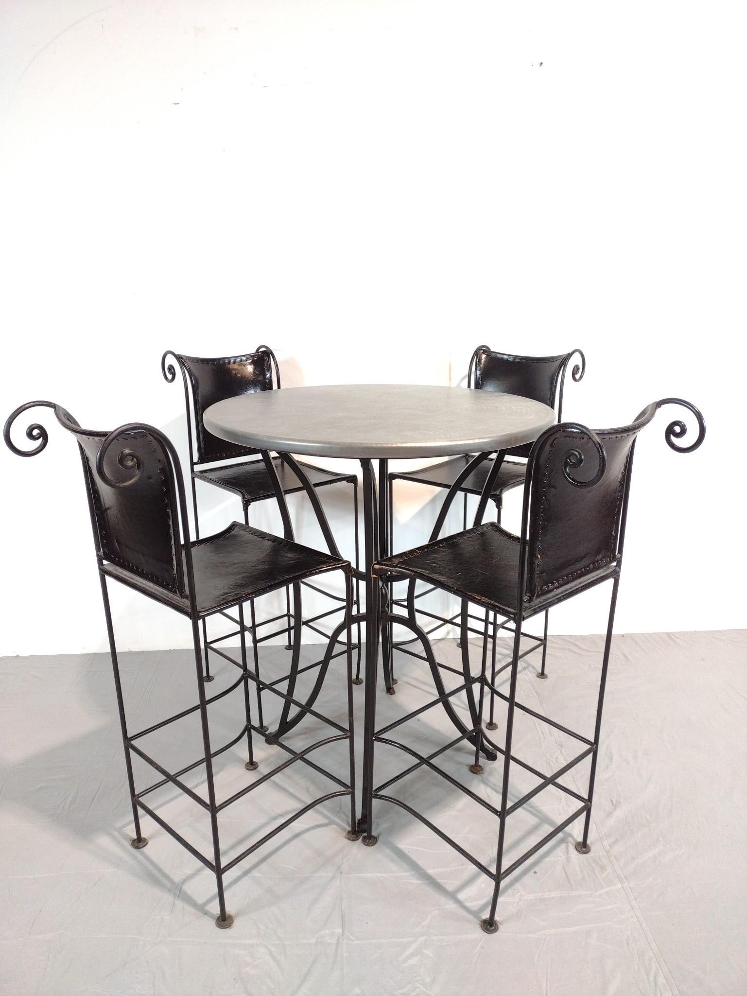 High Top Hammered Zinc Table w/ Leather Seated Stools (1 of 9)