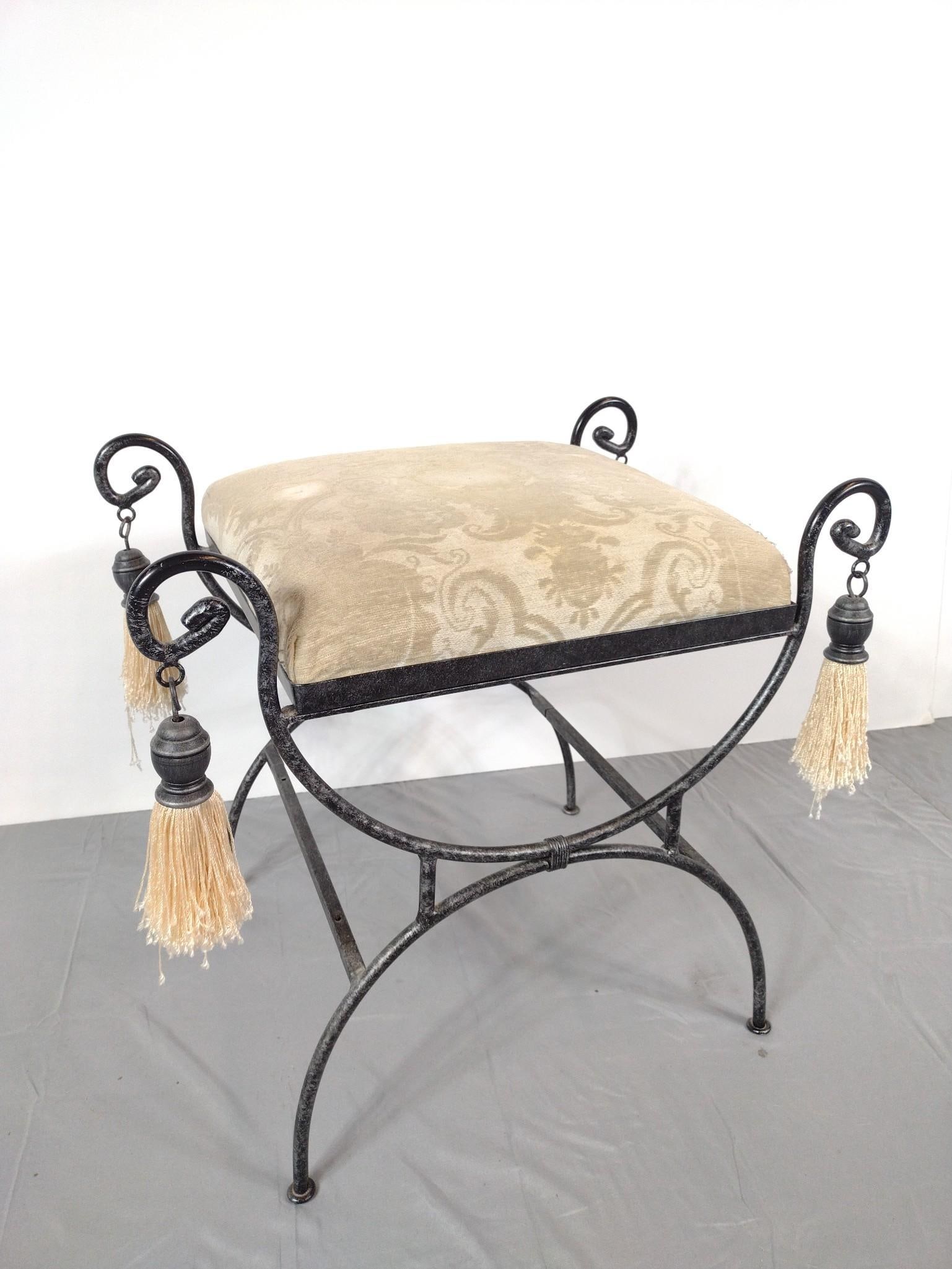 L. Powell Co Metal Vanity Bench: NOT ELIGIBLE FOR IN-HOUSE SHIPPING. 23" wide X 16" deep X 21" high. Upholstery has some areas of discoloring.