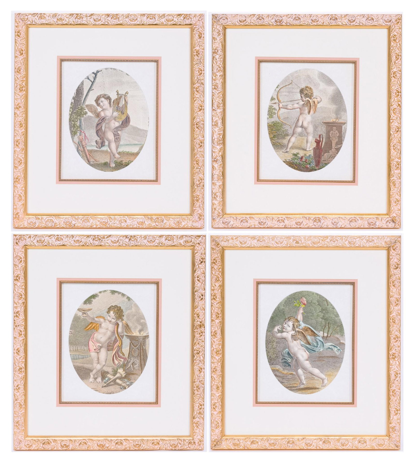 4 Vintage Cherub Prints: NOT ELIGIBLE FOR IN-HOUSE SHIPPING. Sight: 8-1/2" high x 6-1/2" wide. Overall with frame: 18" high x 16" wide.