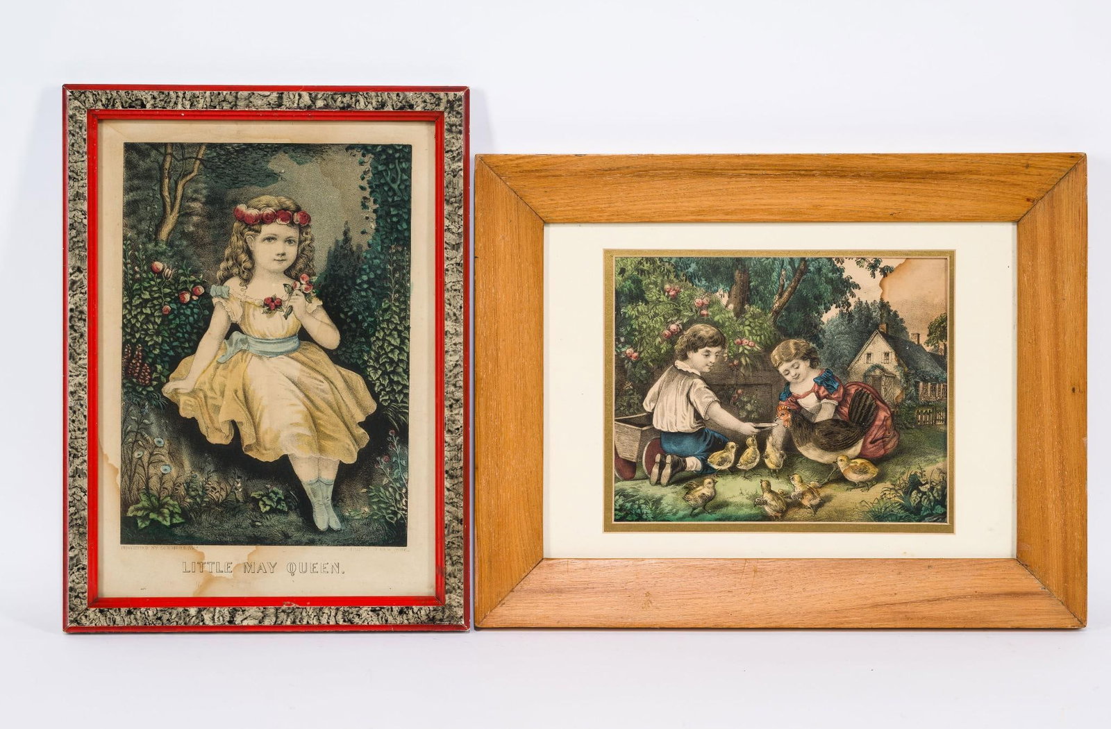 2 Currier and Ives Prints incl Little May Queen: NOT ELIGIBLE FOR IN-HOUSE SHIPPING. Sight: 7-1/2" to 11-1/2" high x 8" to 9-1/2" wide. Overall with frames: 13-1/2" to 15-3/4" high x 11-3/4" to 17-1/2" wide. Some staining and discoloration to prints