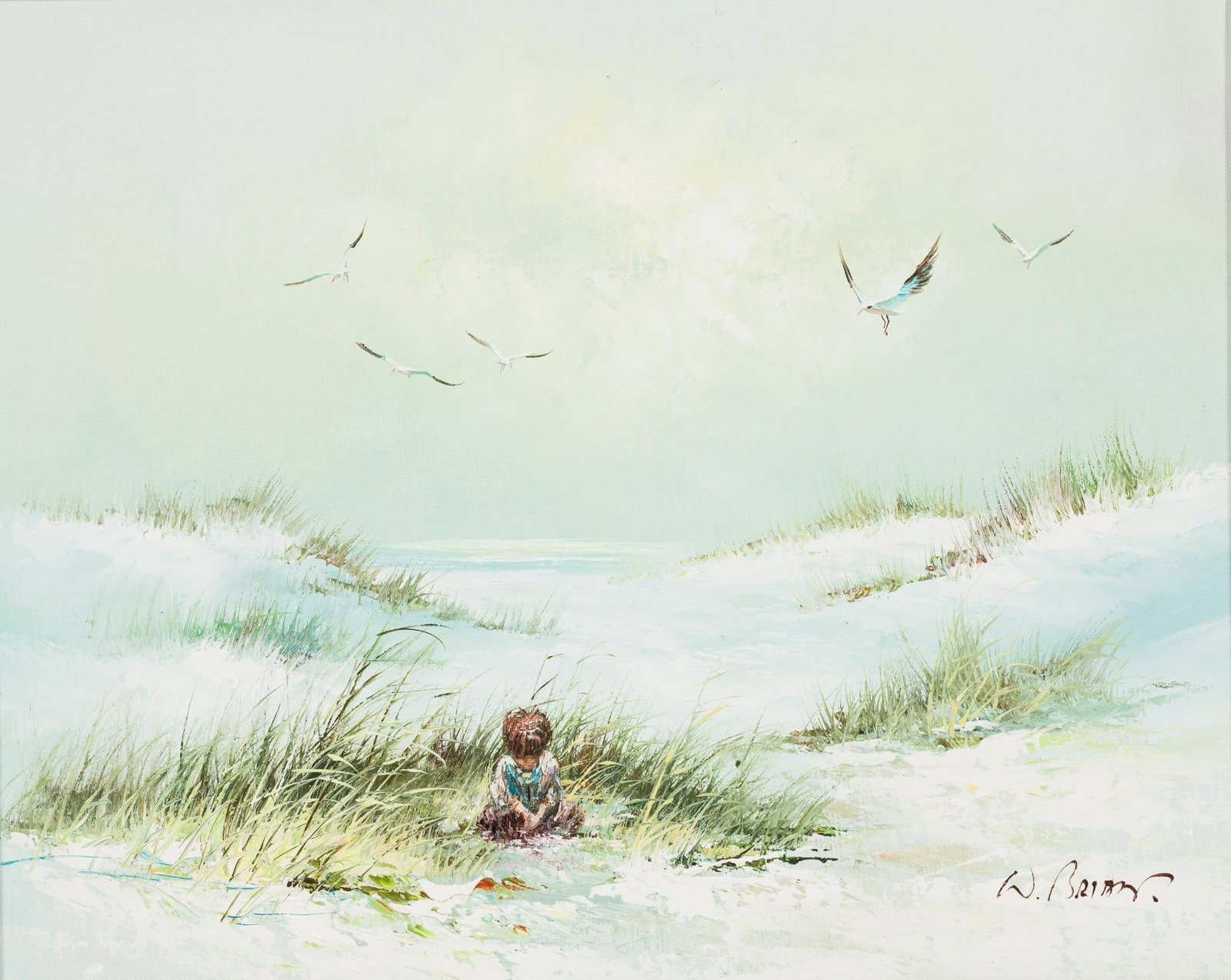 W. Brian Child at Shore Painting: NOT ELIGIBLE FOR IN-HOUSE SHIPPING. Signed W. Brian at lower right. Sight: 15-1/2" high x 19-1/2" wide. Overall with frame: 23-1/4" high x 27-1/4" wide.