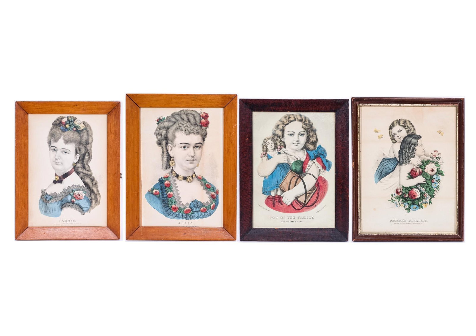 4 Currier and Ives Prints of Women and Children: NOT ELIGIBLE FOR IN-HOUSE SHIPPING. Carrie, Julia, Pet of the Family, and Mamma's Darlings. Sight each approximately: 13-1/2" high x 9-1/2" wide. Overall with frame each approximately: 16-1/2" high x 
