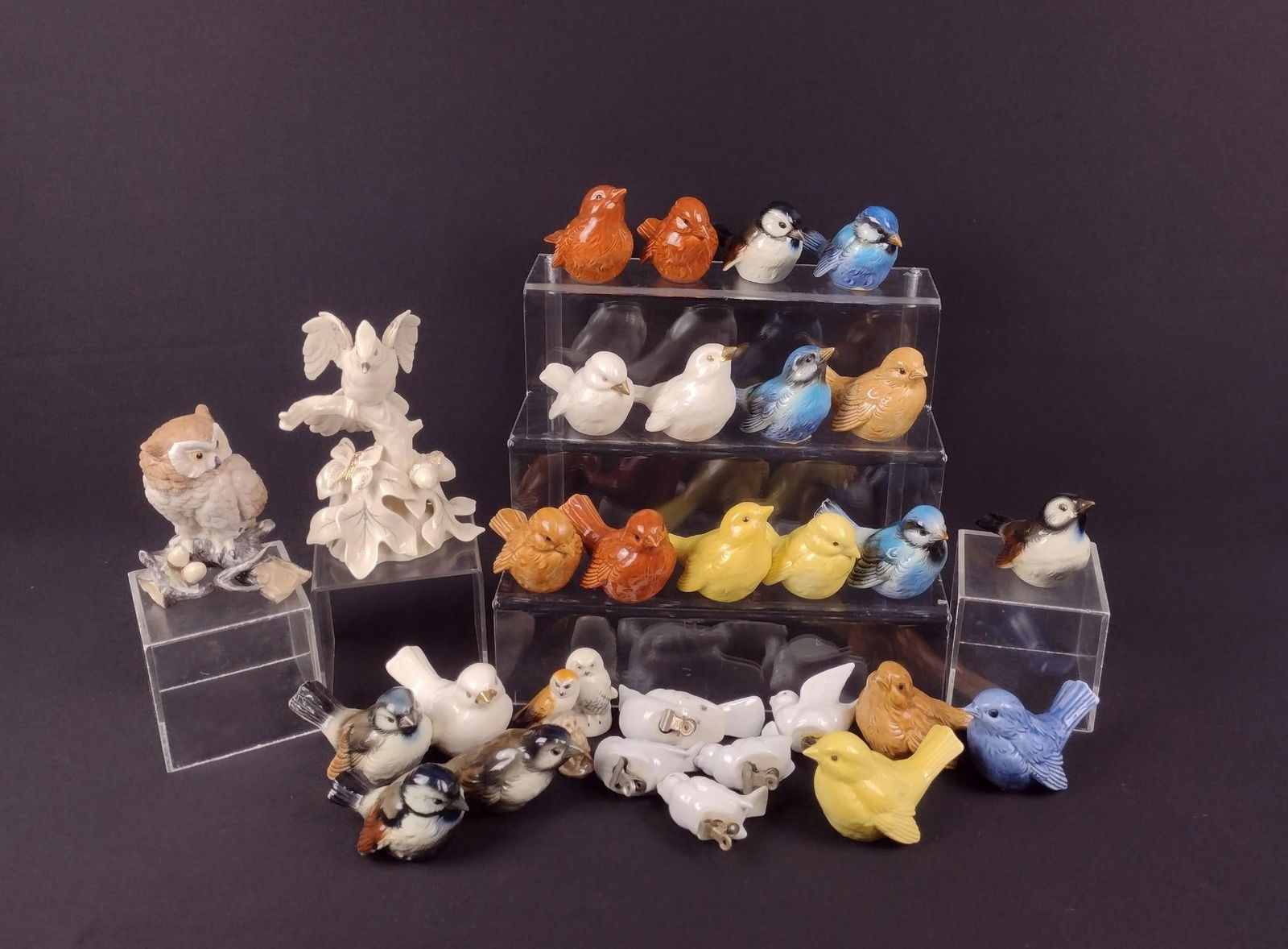 31 Bird Figurines: Includes Lenox, Lefton, and Goebel. Tallest approximately 6-1/2" x 4-1/2" x 4-1/2".