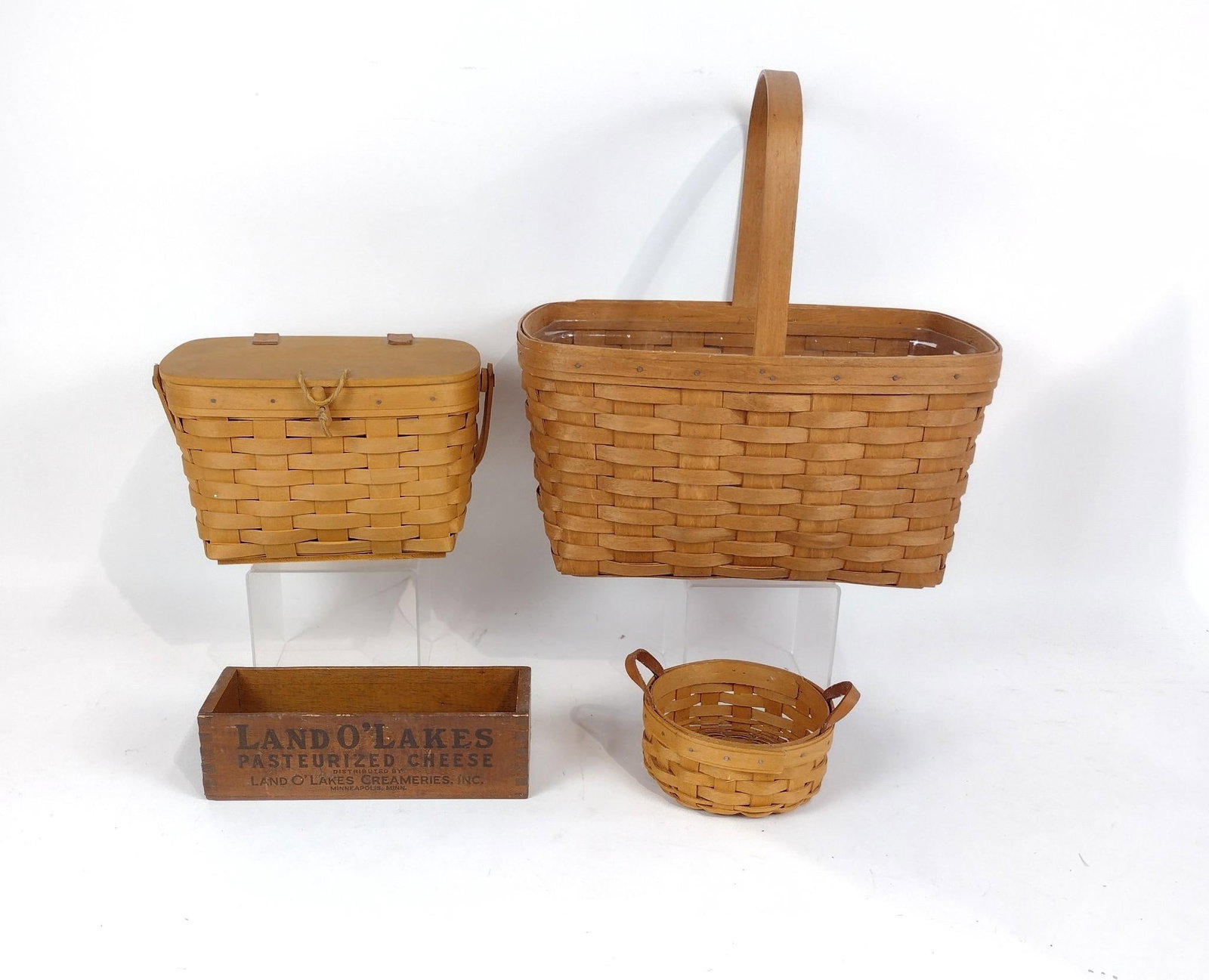 3 Longaberger Baskets & Land O'Lakes Box: 6" to 15-1/4" wide x 2-1/2" to 15" high.
