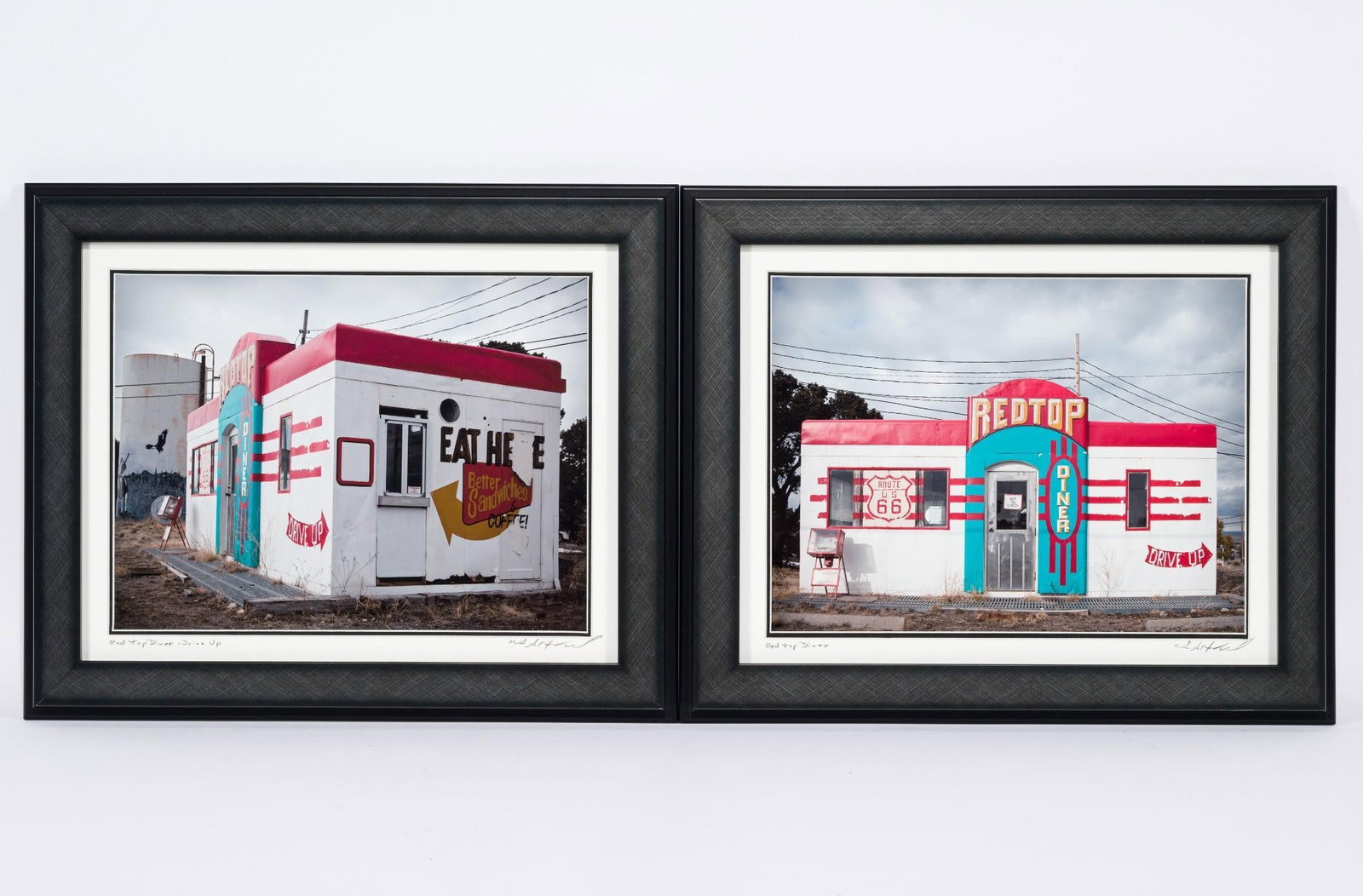 2 Red Top Diner - Drive Up Photograph Prints: NOT ELIGIBLE FOR IN-HOUSE SHIPPING. Each sight: 9" high x 12" wide. Overall with frame each: 13-3/4" high x 16-3/4" wide.