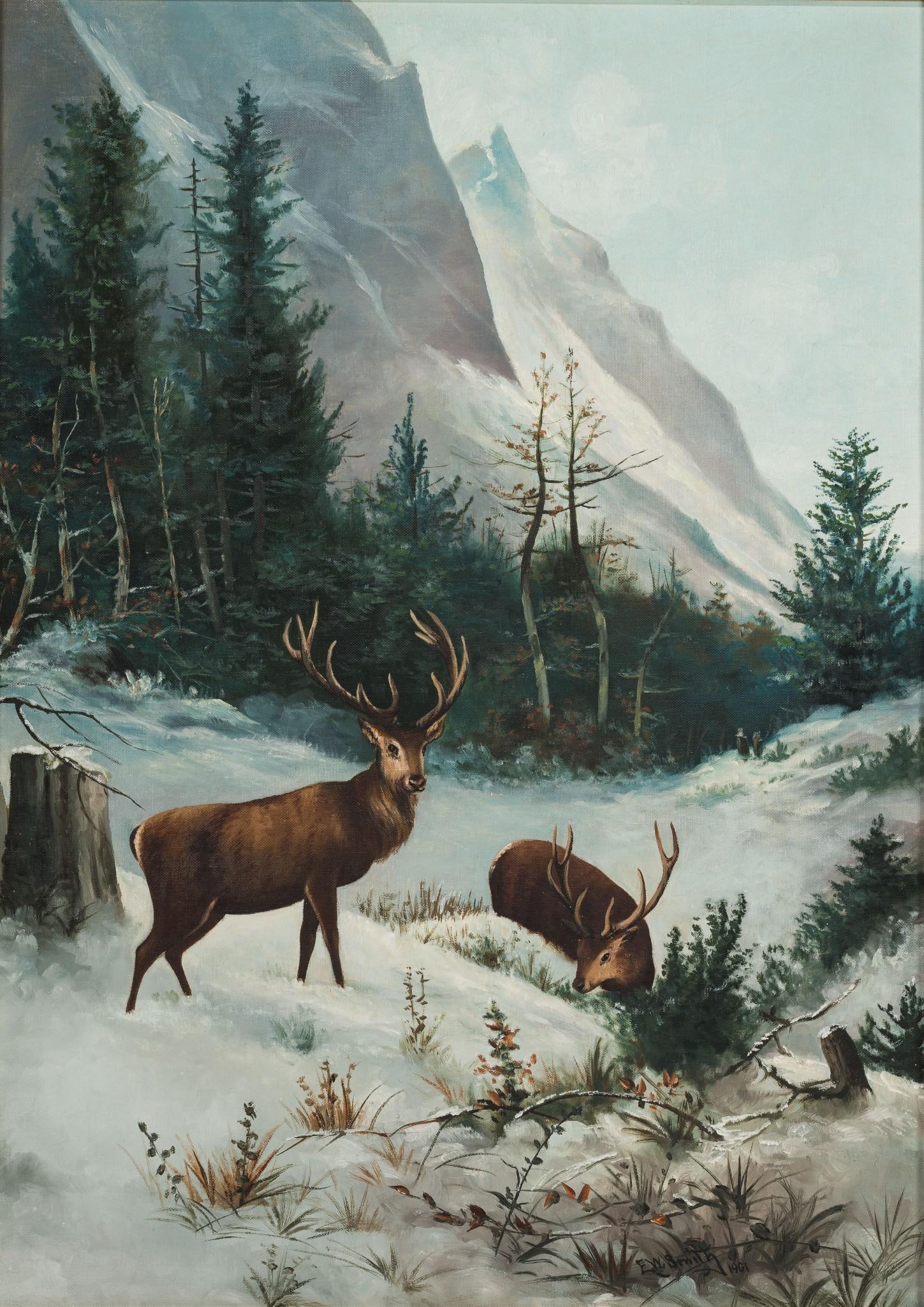 E. W. Smily Winter Deer Painting: NOT ELIGIBLE FOR IN-HOUSE SHIPPING. Dated 1901. Sight: 32" high x 23" wide. Overall with frame: 36-1/2" high x 27-1/4" wide.
