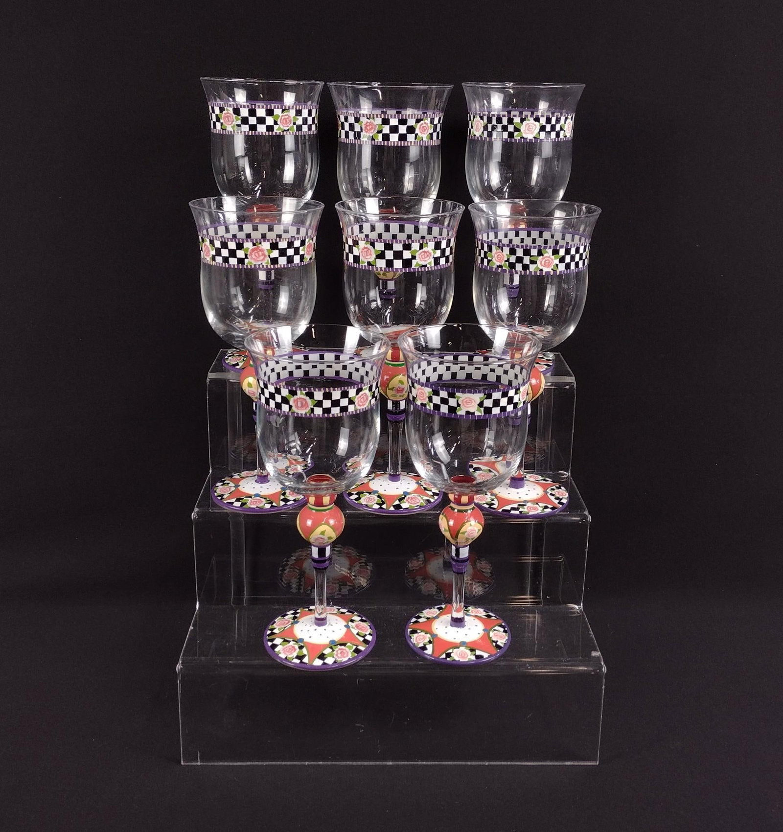 8 Amber Rose Nanette Vacher Wine Glasses: Hand painted. Each 9" high x 3-3/4" wide.
