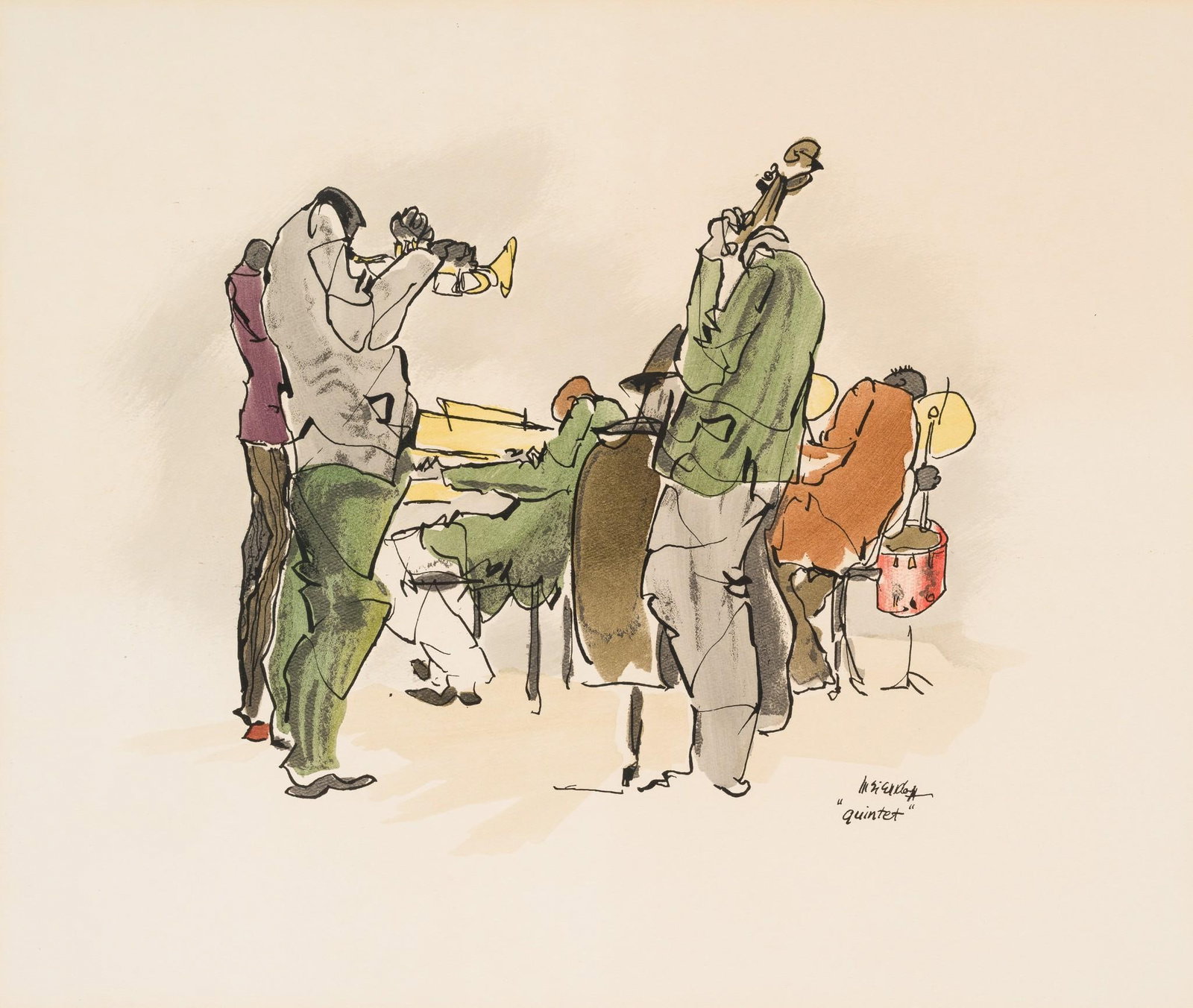 Leo Meierdorff "Quintet" Musicians Watercolor and Ink: NOT ELIGIBLE FOR IN-HOUSE SHIPPING. Leo Meiersdorff (American/German, 1934-1994). Sight: 15-3/4" high x 18-3/4" wide. Overall with frame: 28" high x 31-1/4" wide.