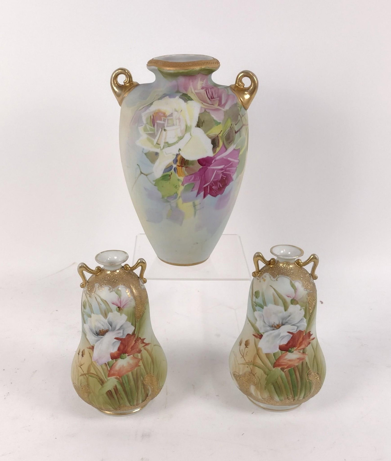 3 Porcelain Vases: 4-1/4" to 7" wide x 7-1/2" to 9-3/4" high.