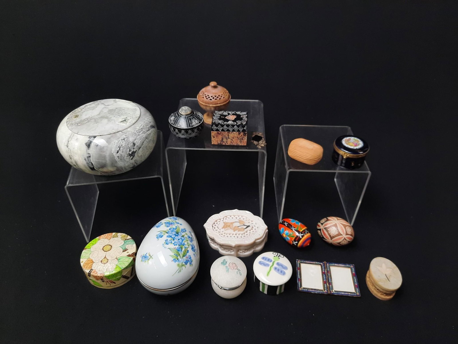 16 Trinket Boxes and Decorated Eggs: 2" to 5-1/4" wide x 1-1/4" to 3-1/4" high.