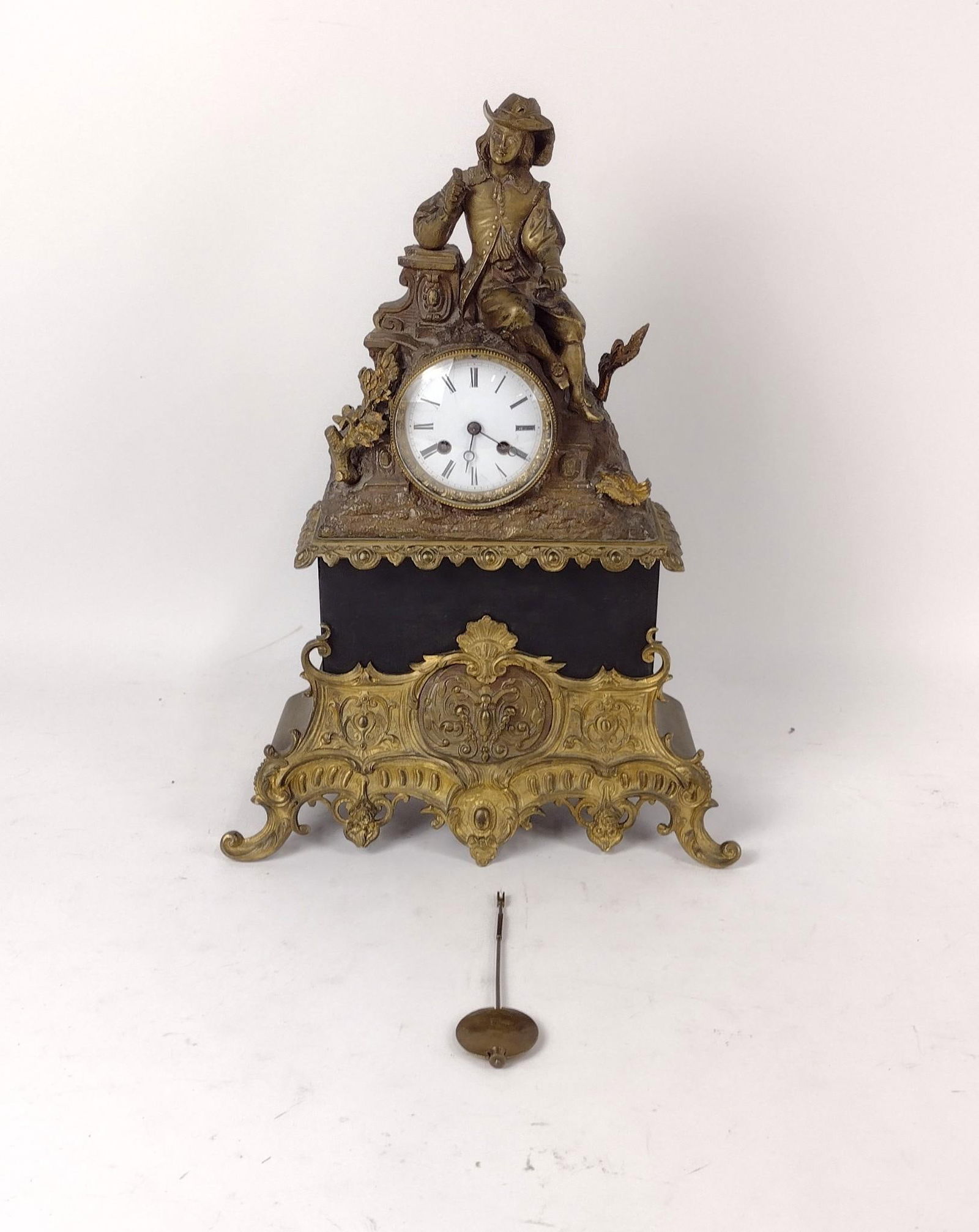 Antique Chimney Garniture Bronze Mantle Clock: 12-1/4" wide x 17-1/4" high. Not running. France, ca. 1880-1890.