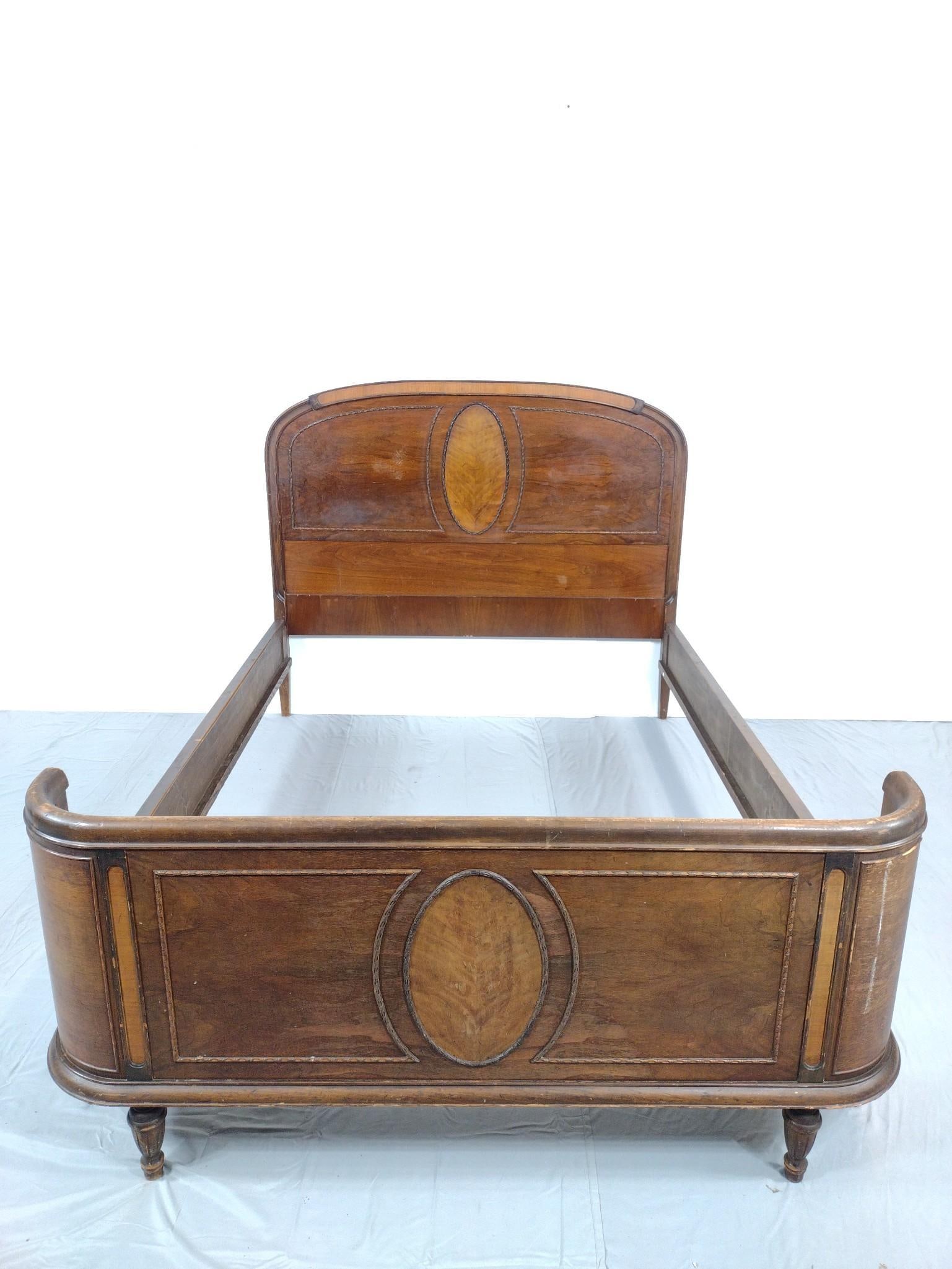 Antique Bed: NOT ELIGIBLE FOR IN-HOUSE SHIPPING. 56-1/2" wide X 80" deep X 47-3/4" high. Has scratches and finish loss.