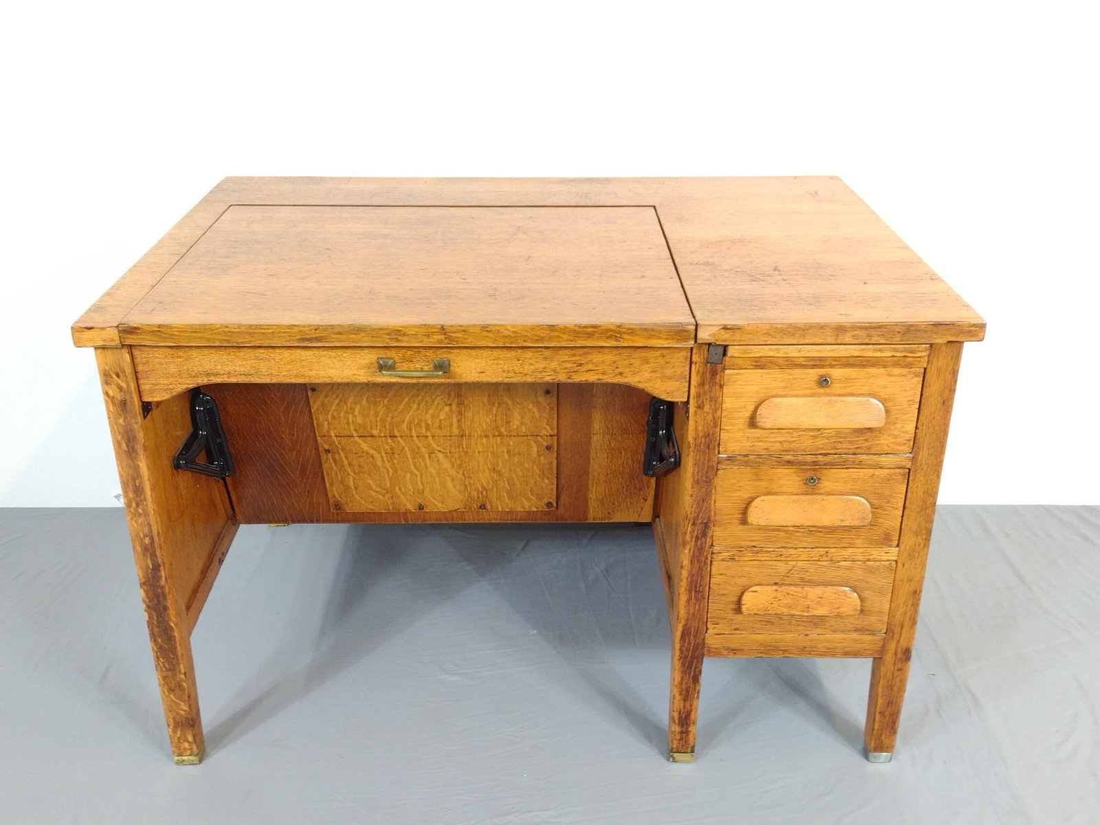 Vintage Desk: NOT ELIGIBLE FOR IN-HOUSE SHIPPING. 47-1/2" wide X 32" deep X 30-1/2" high. Has some light scratches.