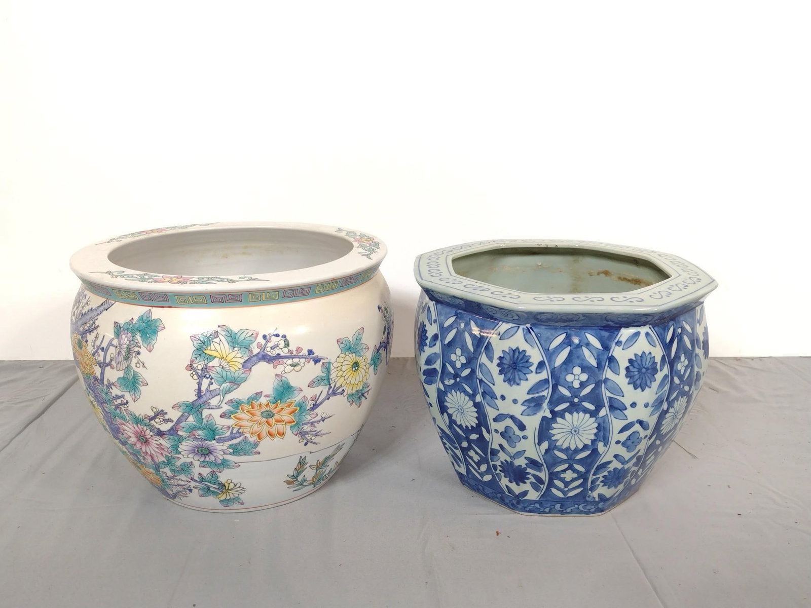 Ceramic Planter & Fish Bowl: NOT ELIGIBLE FOR IN-HOUSE SHIPPING. Planter 11-1/2" wide X 11-1/2" deep X 9" high. Fish Bowl 12-1/4" diameter X 10" high.