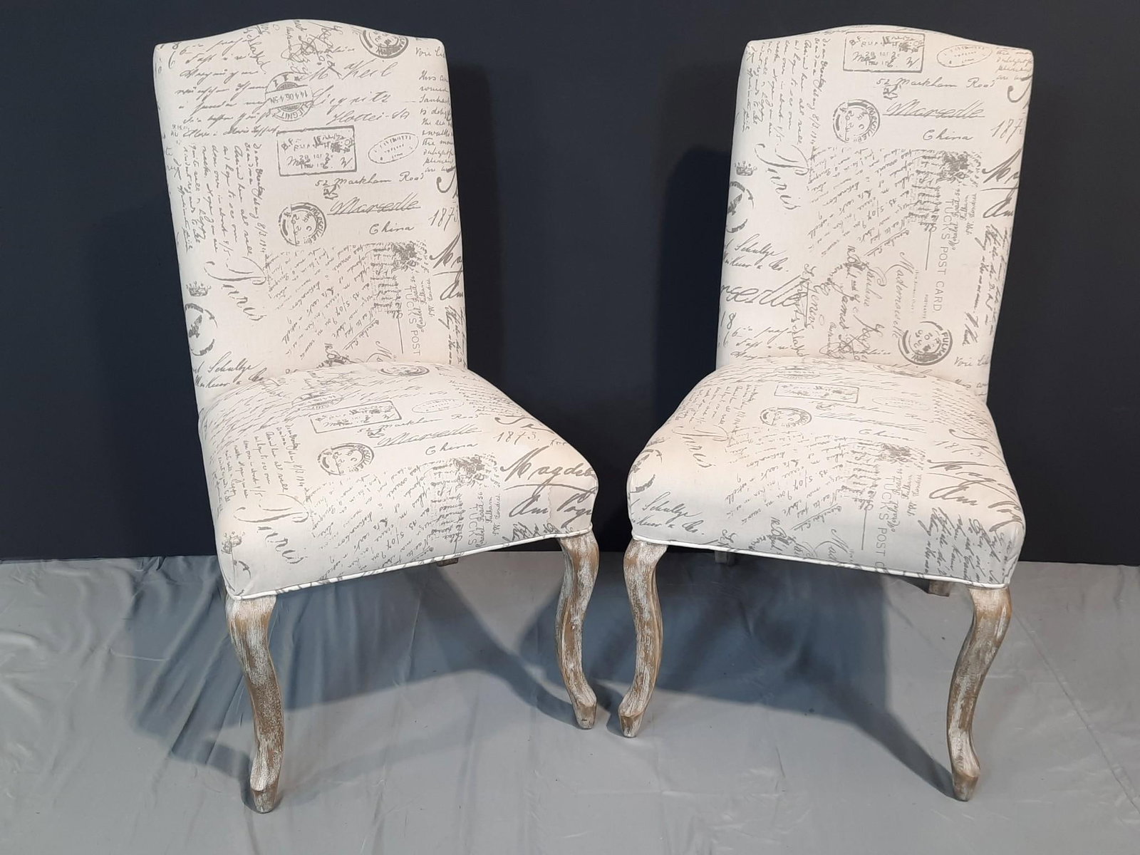 2 Passport Print Side Chairs: NOT ELIGIBLE FOR IN-HOUSE SHIPPING. Each: 21" wide x 23" deep x 39" high. Some minor staining.