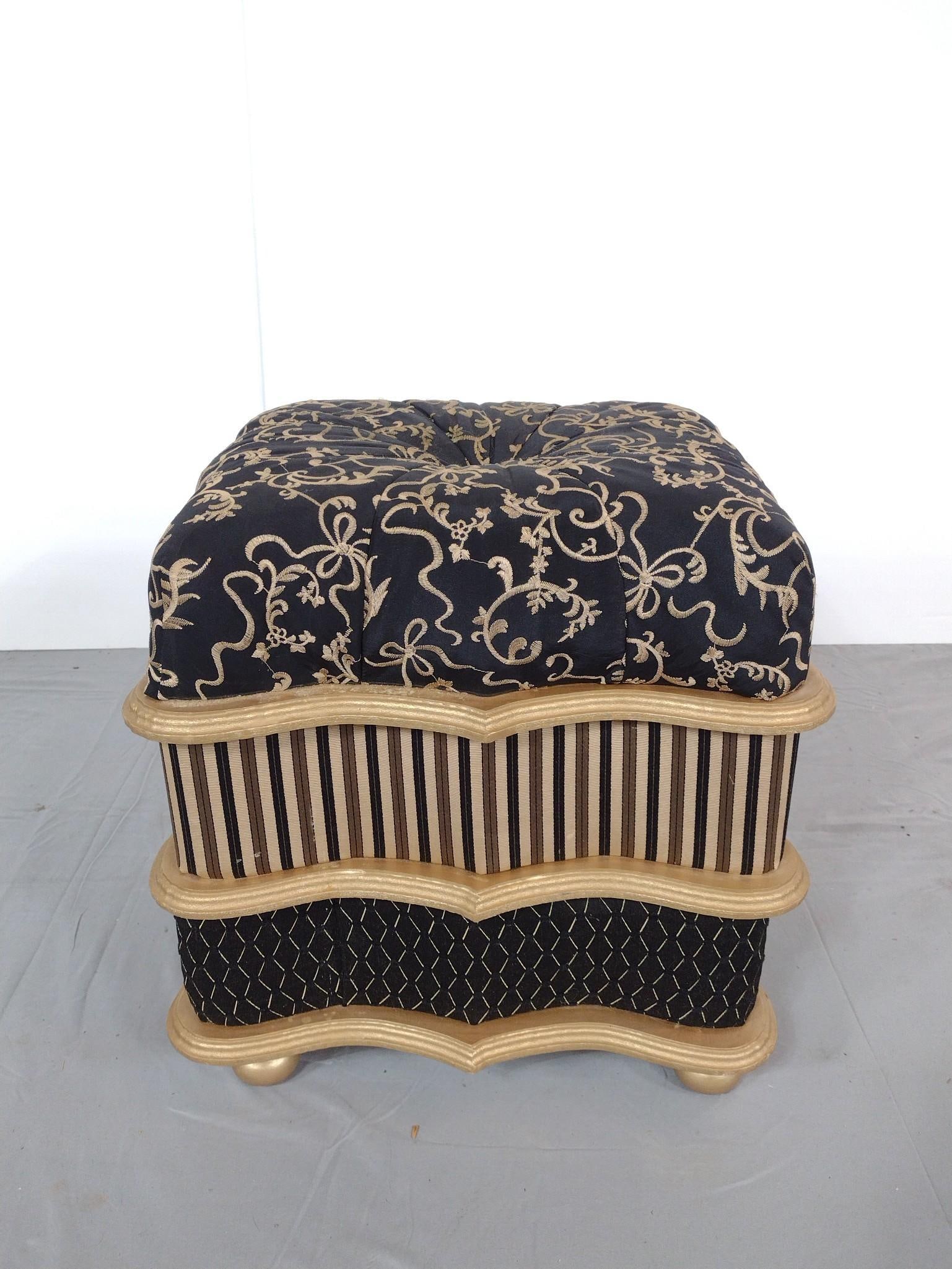 Black and Gold Ottoman: NOT ELIGIBLE FOR IN-HOUSE SHIPPING. 18" wide x 13-1/2" deep x 18" high. No manufacturers name found.
