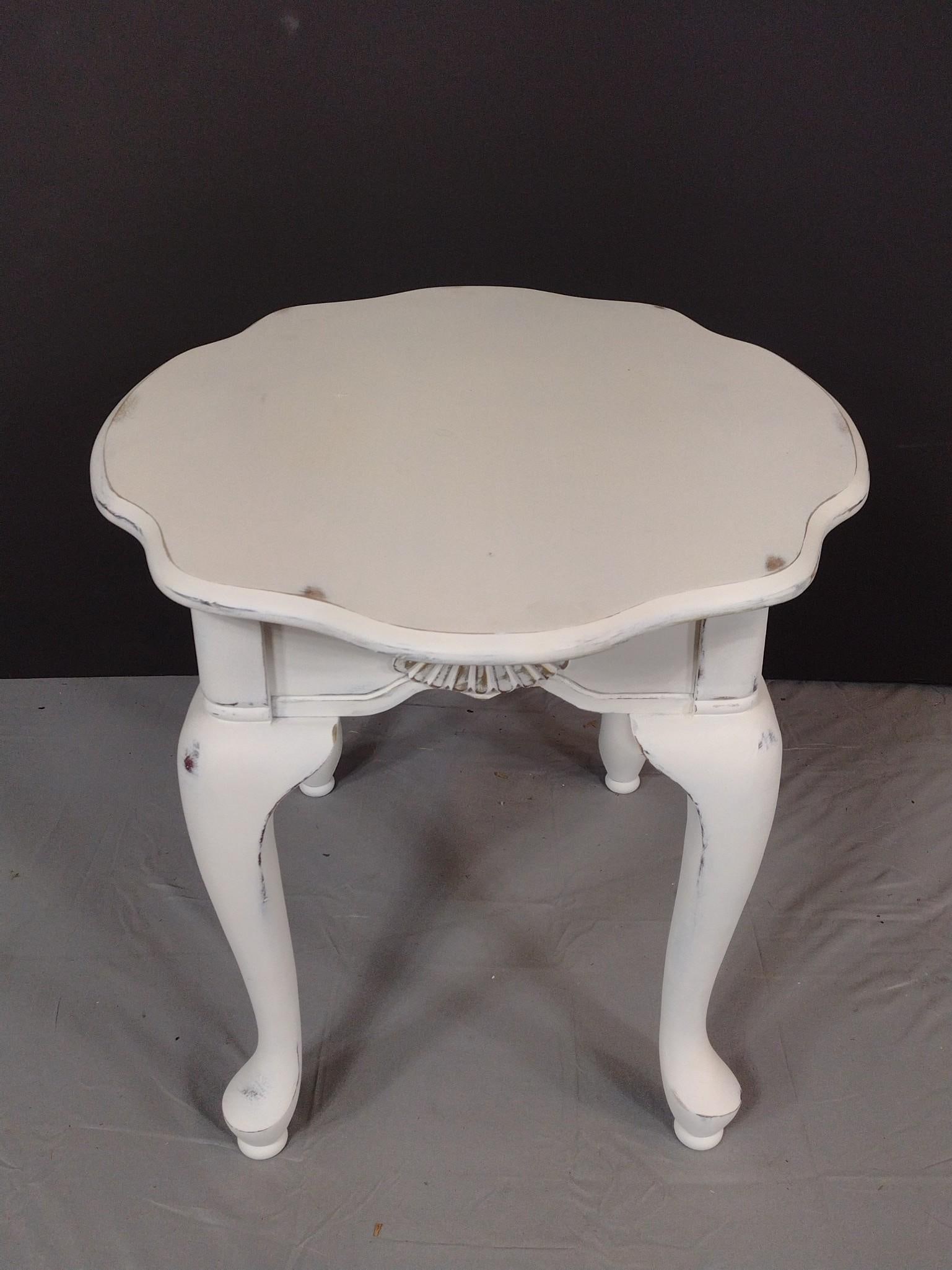 White Distress Painted End Table: NOT ELIGIBLE FOR IN-HOUSE SHIPPING. 22" wide x 28" deep x 21-1/2" high. Minor wear consistent with age and use.