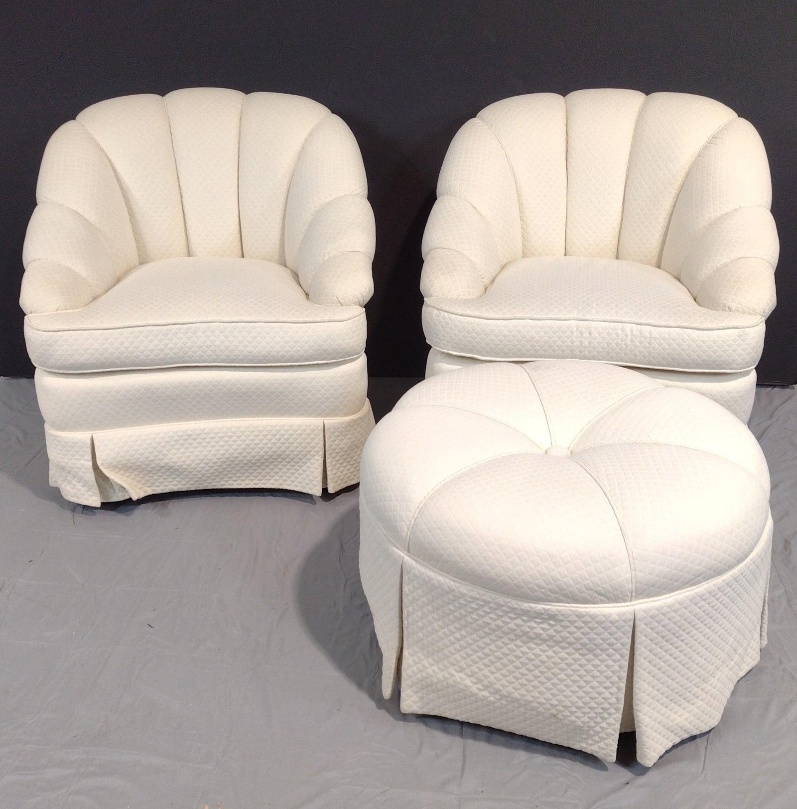 Pair Of Beachley Of Maryland Chair & Ottoman: NOT ELIGIBLE FOR IN-HOUSE SHIPPING. Chairs 32" wide X 32" deep X 33" high. Ottoman 29" diameter X 18" high.