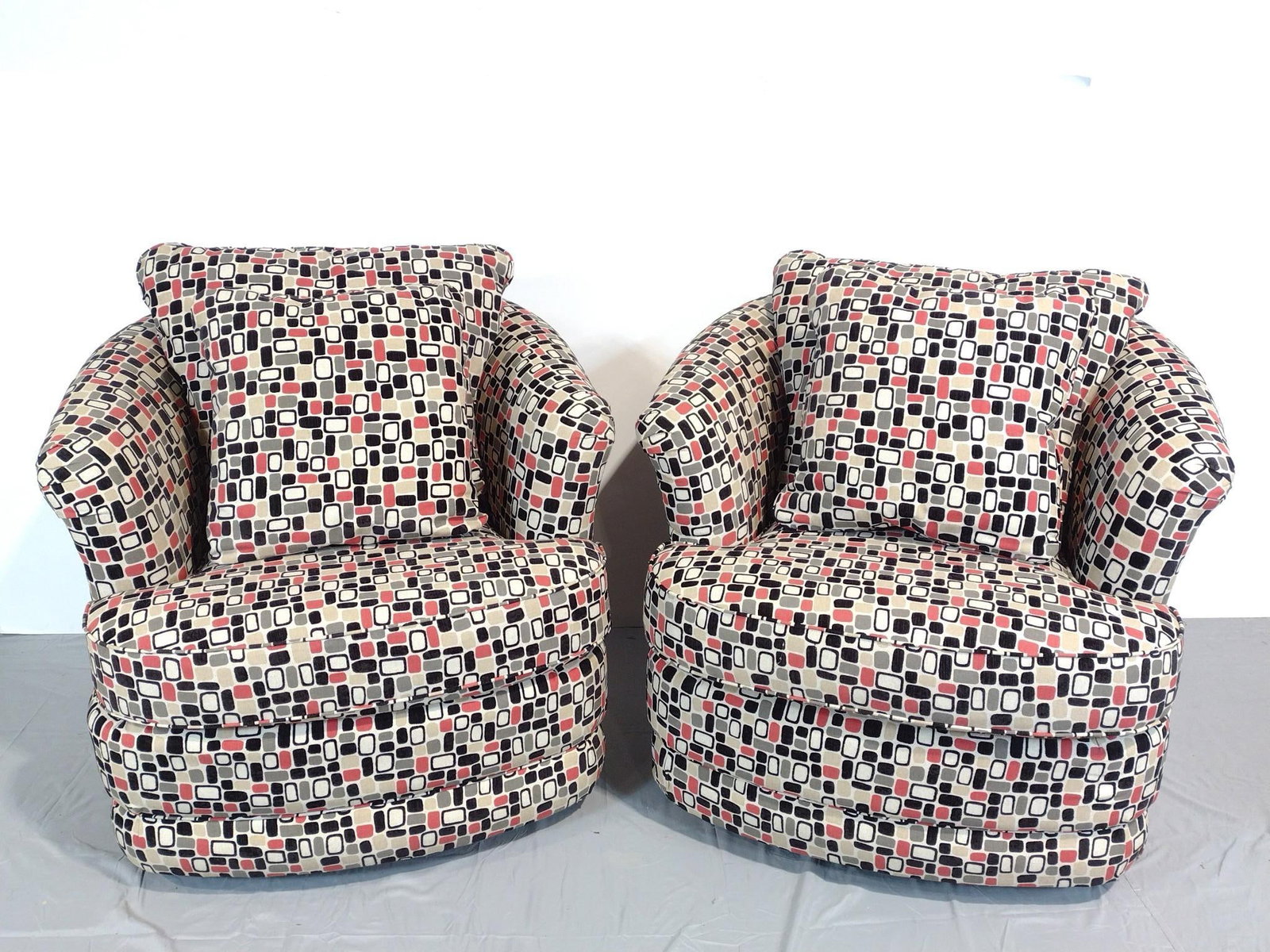 Pair Of Modern Print La-Z-Boy Swivel Chairs: NOT ELIGIBLE FOR IN-HOUSE SHIPPING. Each 38-1/2" wide X 38" deep X 31-1/2" high.