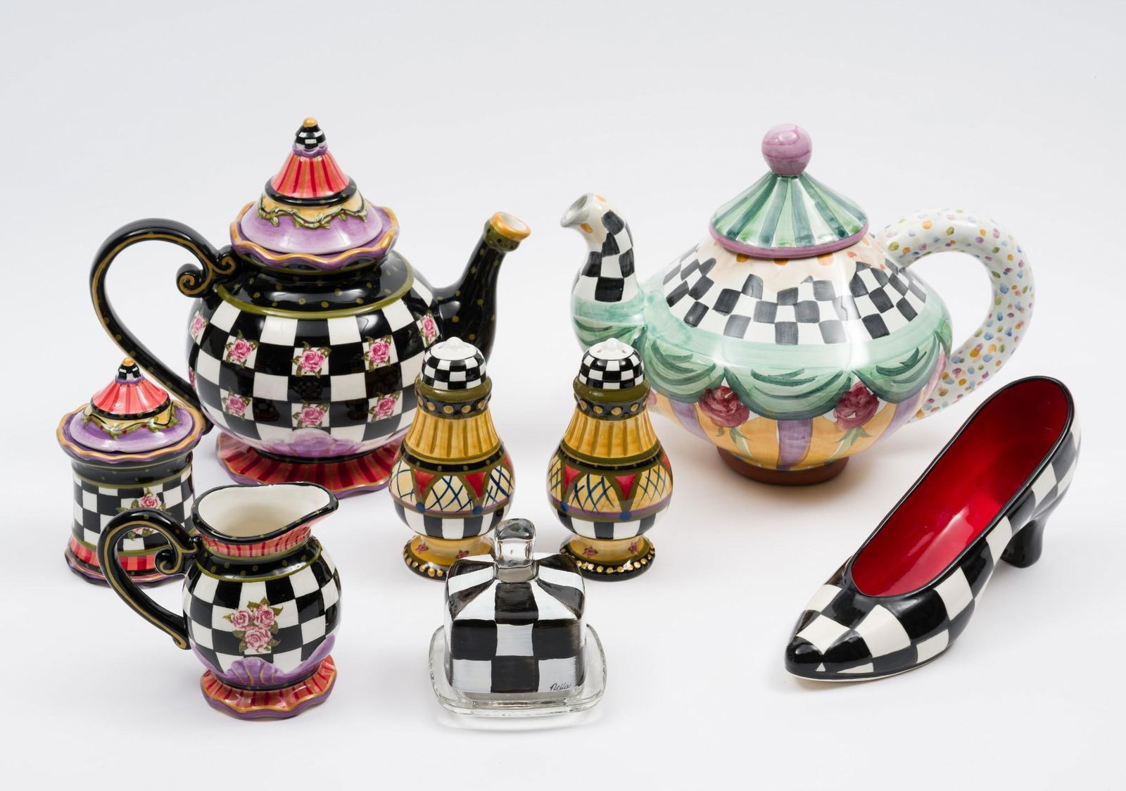 8 Pcs Kitchenware incl Makenzie Childs and Amber Rose: Also includes jars, and more. 3-1/2" to 7-1/2" wide x 3" to 8" high.