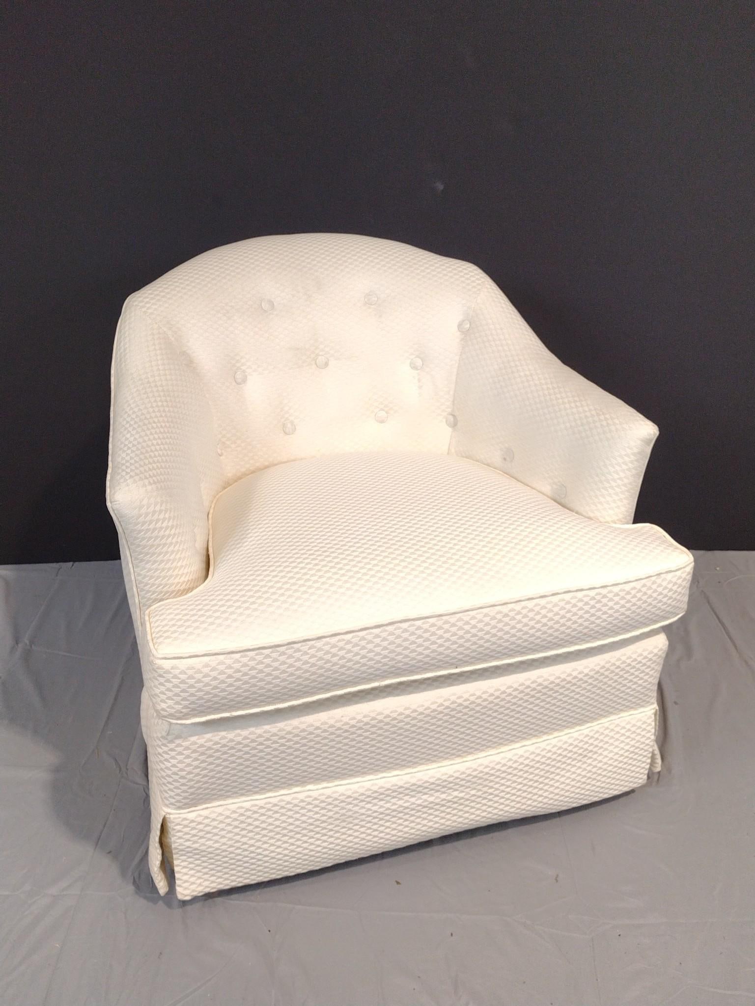 Upholstered Swivel Chair: 30" wide X 32" deep X 27-1/2" high. No manufactures name found.