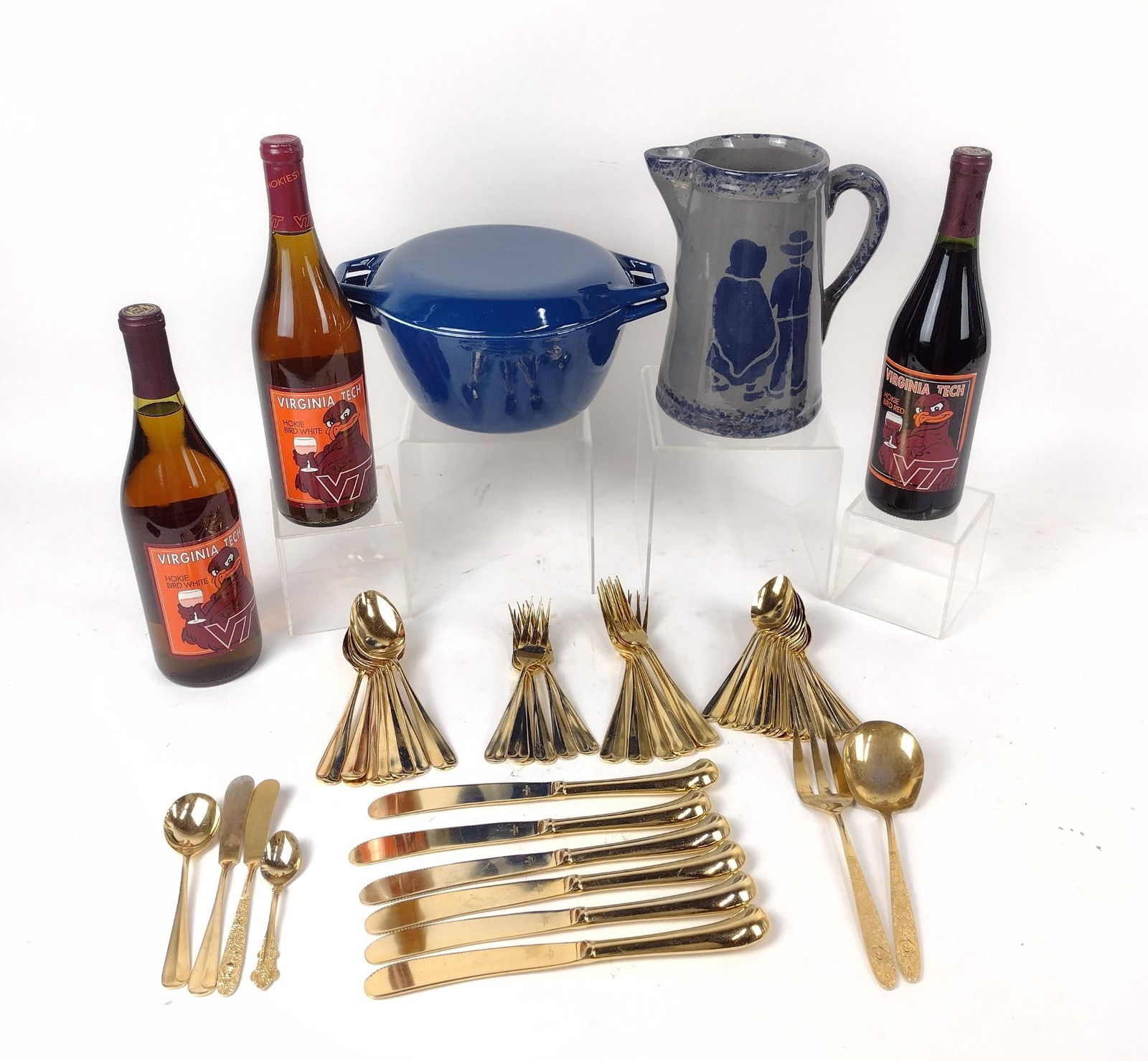 Misc. Kitchenware Lot incl. Estate Alcohol: ALL ESTATE ALCOHOL SEALED AND UNOPENED. CANNOT BE SHIPPED. MUST BE 21 TO PURCHASE. Also includes 3 Virginia Tech Wine; 45 Pcs. Stainless Flatware; and more. 5-1/2" to 10-1/2" wide x 4-1/4" to 8-1/2" h