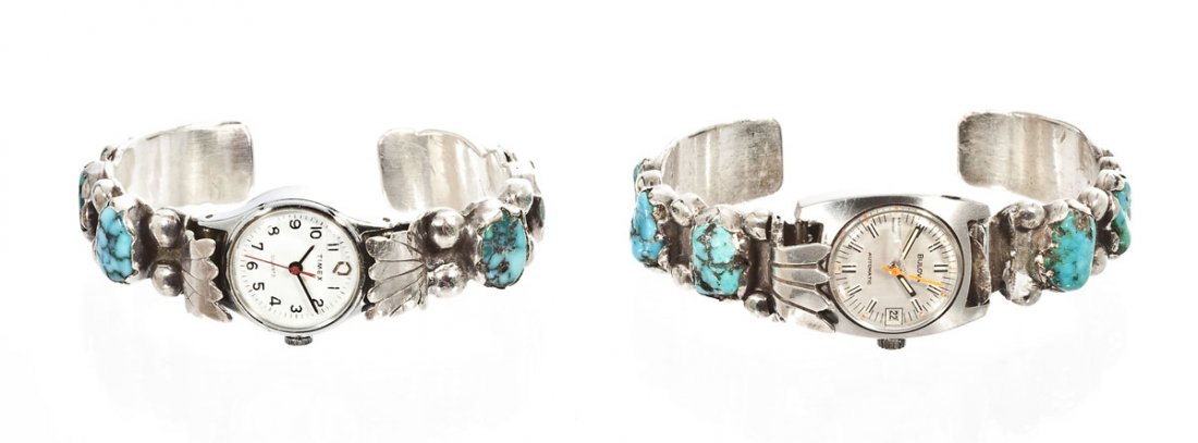 2 Lady's Navajo Silver & Turquoise Watch Cuffs: DESCRIPTION: Two lady's Navajo wristwatch cuff bracelets. Includes: 1) One set with six free form turquoise stones alternating with beads. Signed "JJ". With a Timex quartz watch. Width of band 1/2". O