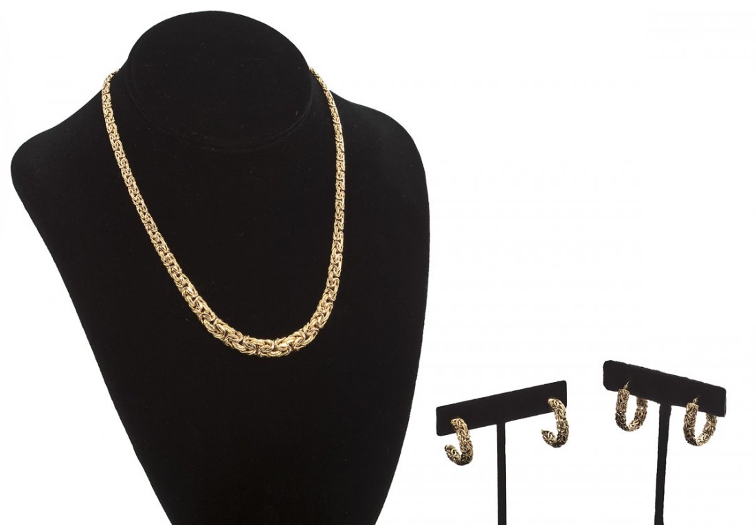 14K Byzantine Necklace & 2 Pairs Earrings: DESCRIPTION: Set of marked 14K (585) yellow gold Byzantine necklace and two pairs of earrings. 17-3/8" long graduated necklace. One pair of 7/8" long pierced hoop earrings. One pair of 7/8" oblong pie