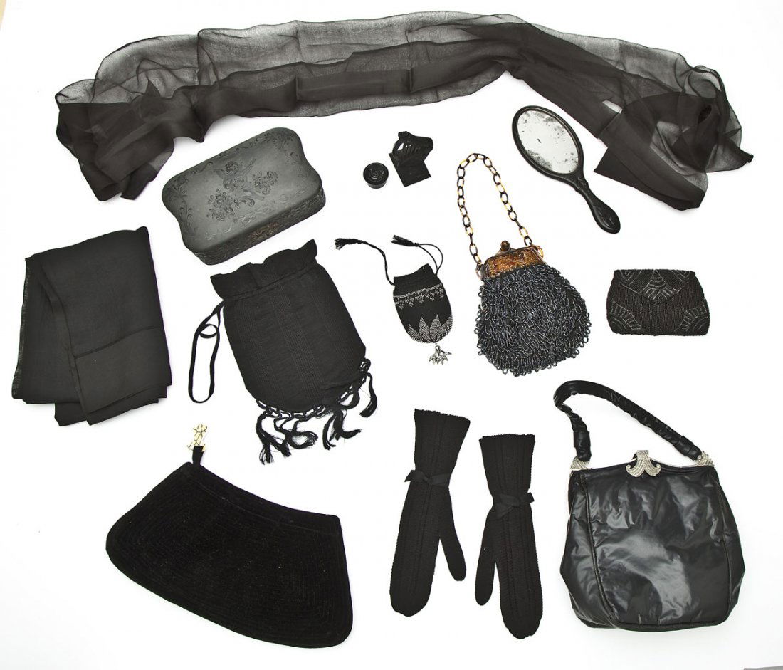 Group of 13 Mourning Accessories: DESCRIPTION: Group of thirteen pieces of various mourning accessories. Includes: 1) Volcanite box with angel playing lute, red silk interior. Latch damage. 19th century. 2) Hand mirror with bust portr