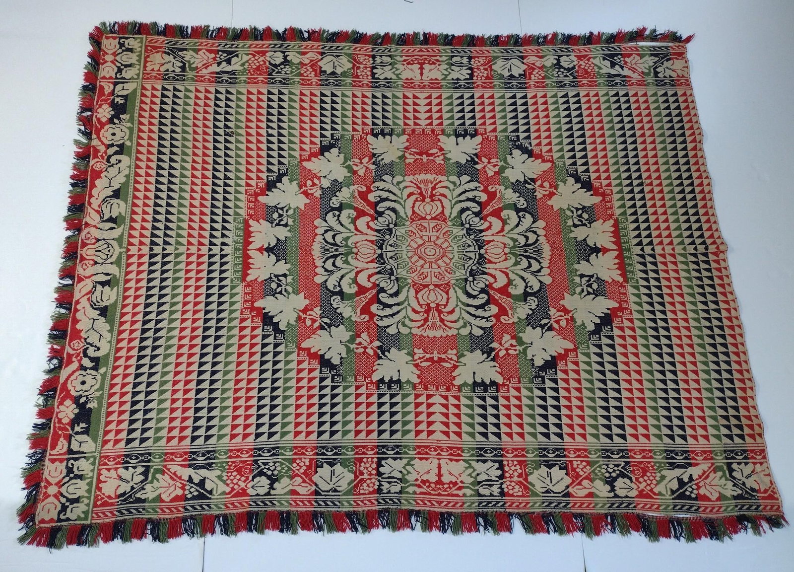4 Color Antique Coverlet: 6'4" wide X 8' long. Some separation to fringe.