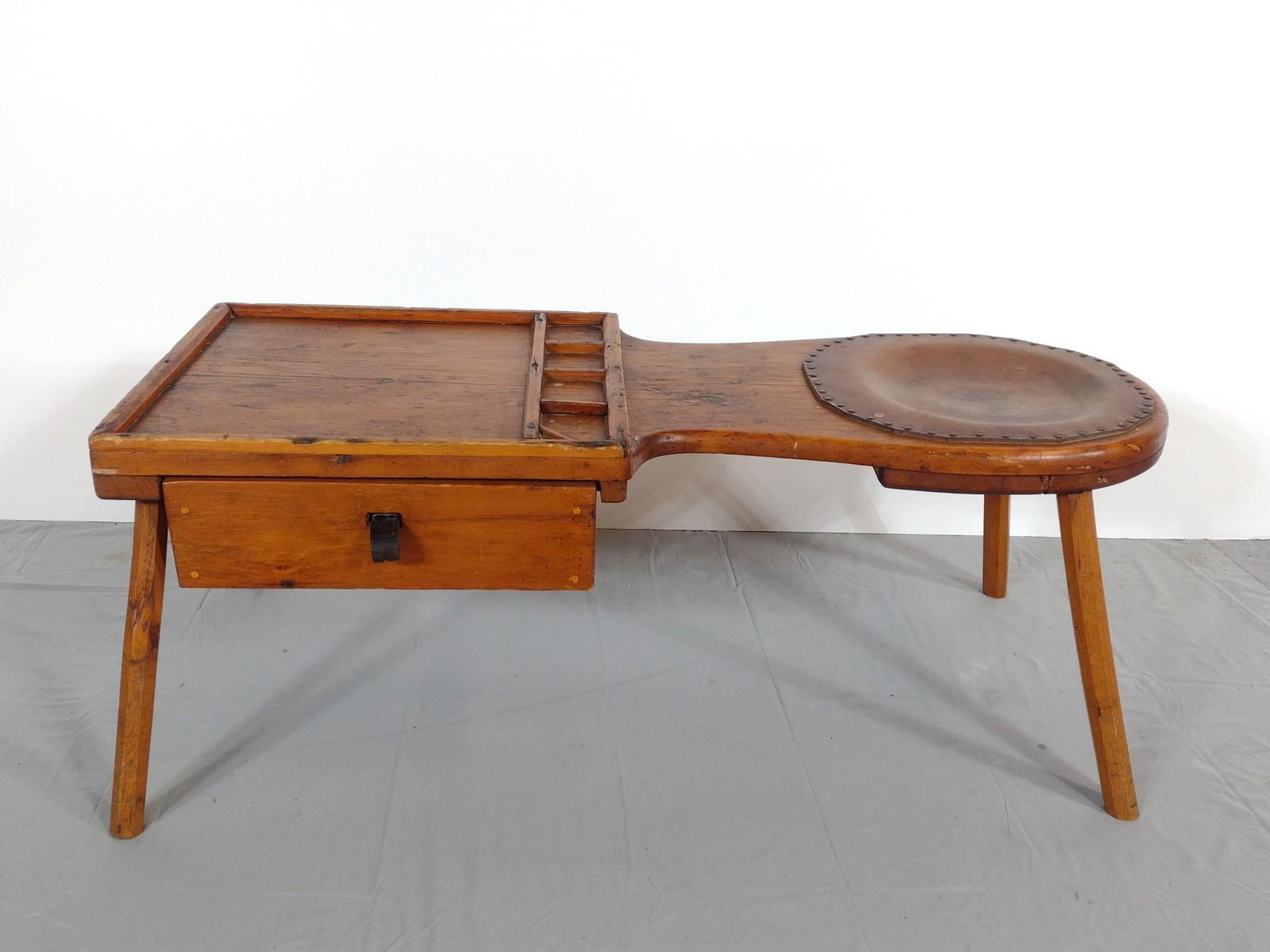 Cobblers Bench: NOT ELIGIBLE FOR IN-HOUSE SHIPPING. 39" wide X 15-1/2" deep X 14" high. Has wear consistent with age.