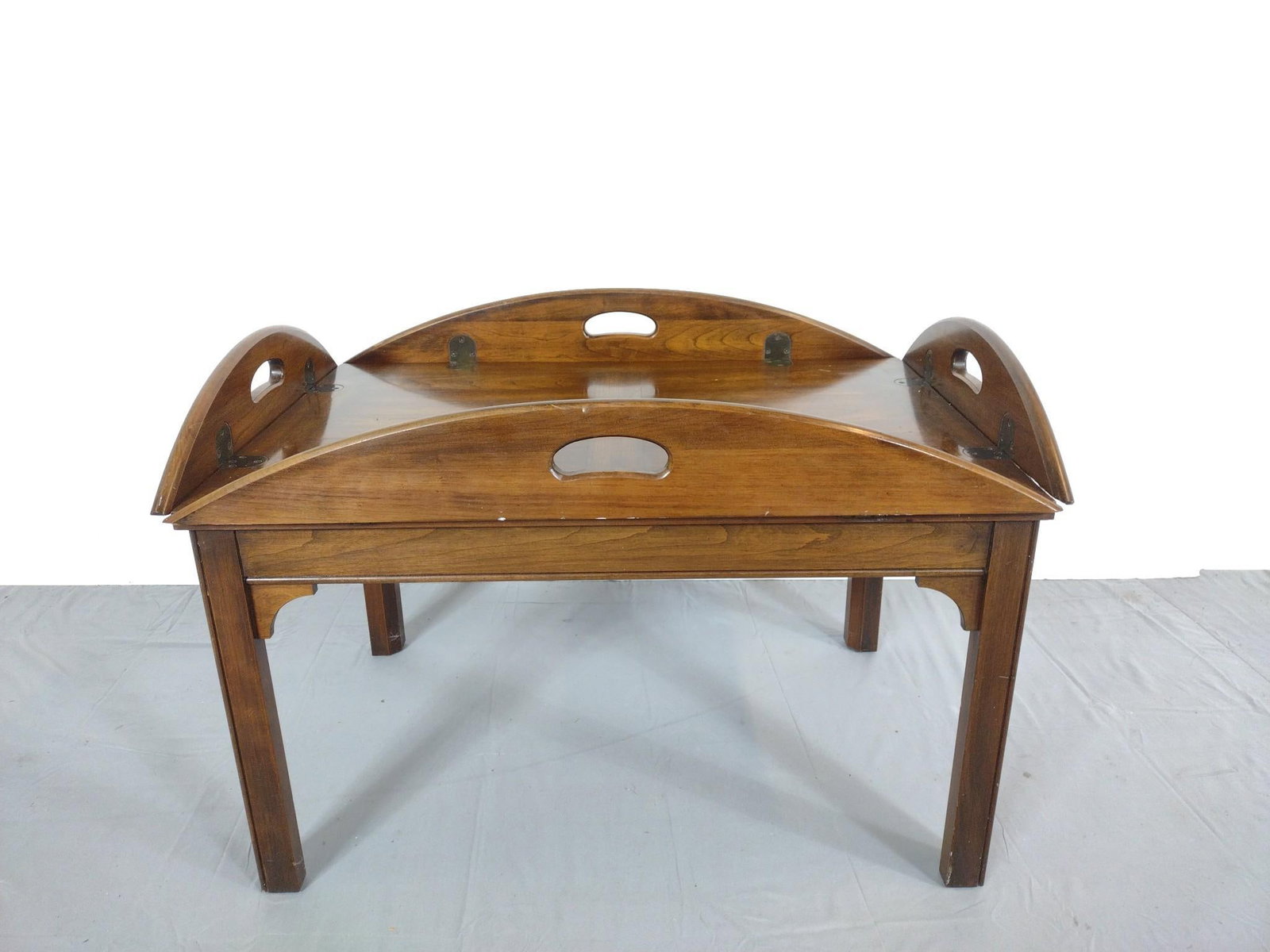 Tea Table: NOT ELIGIBLE FOR IN-HOUSE SHIPPING. 31-1/2" wide X 21-1/2" deep X 21" high. Has some light scratches. No manufactures name found.