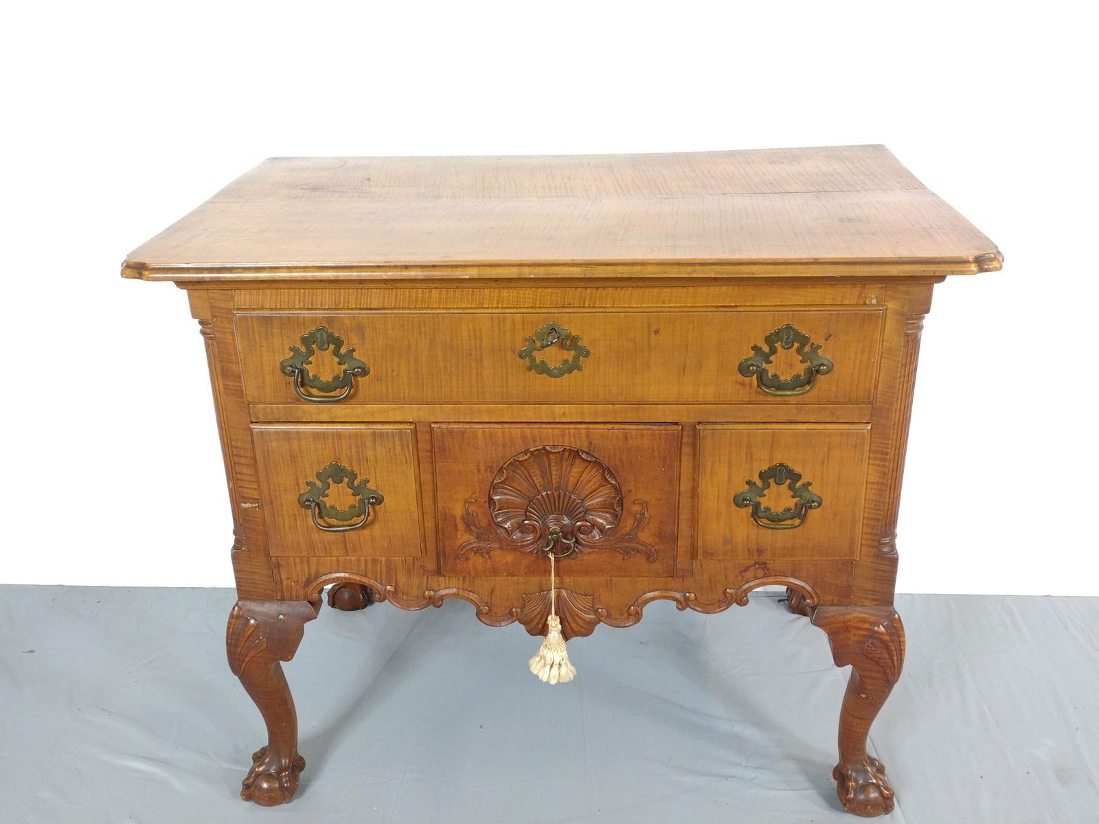 Antique Lowboy with Ball & Claw Feet: NOT ELIGIBLE FOR IN-HOUSE SHIPPING. 36" wide X 22-1/2" deep X 30" high. Top is starting to split.