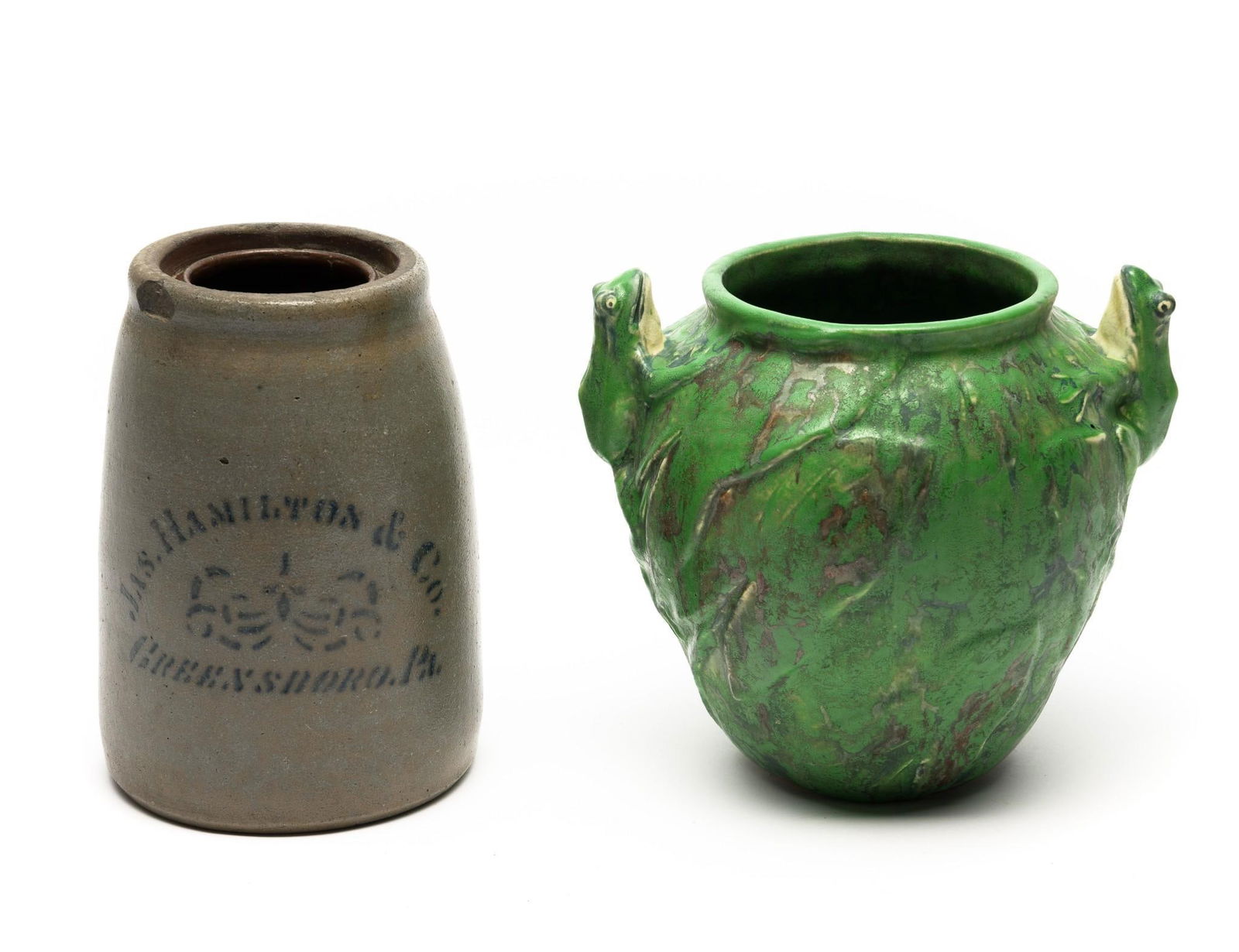 Weller Coppertone Double Frog Vase & Stoneware Jug (1 of 8)