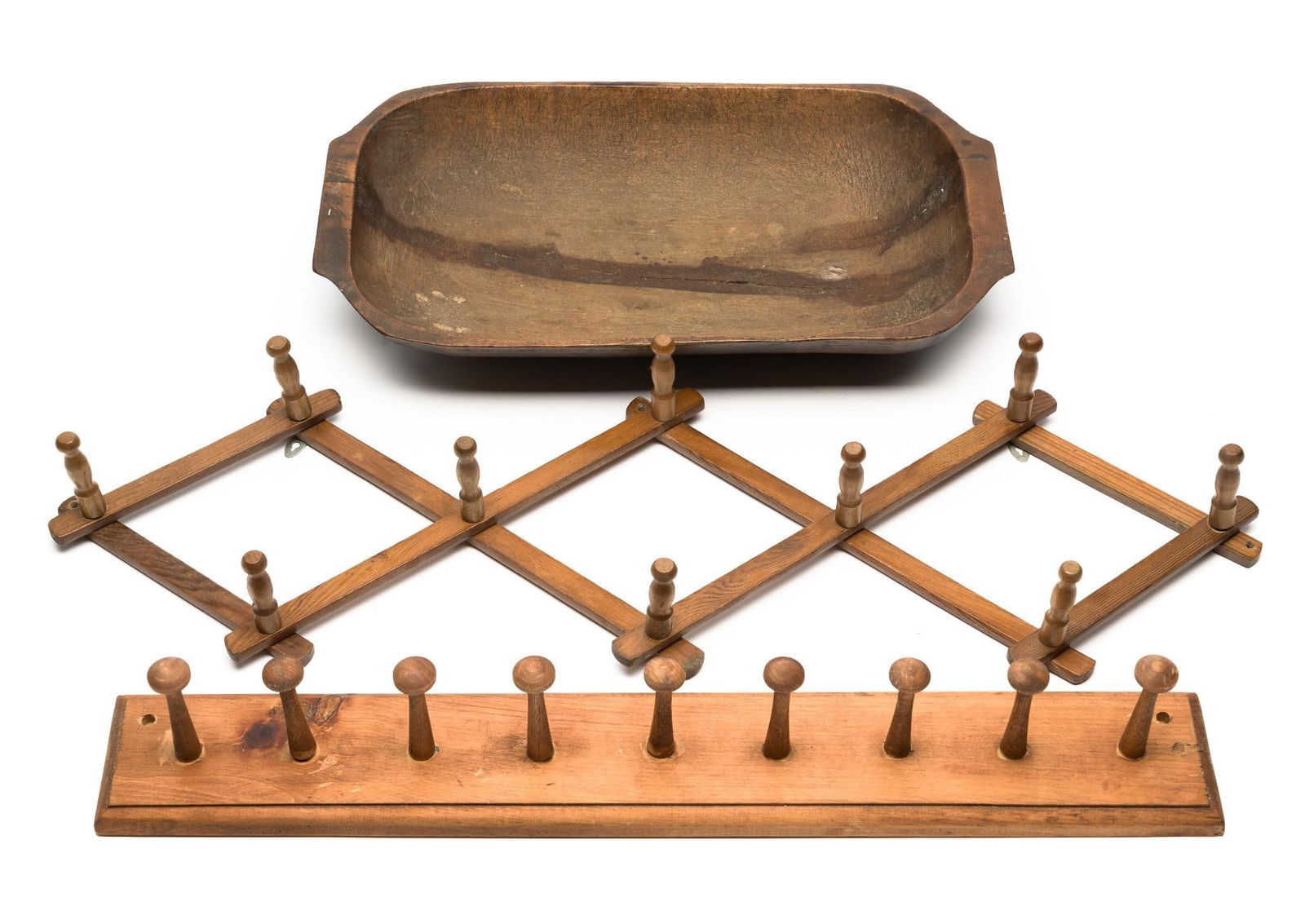 3 Wood Pcs incl. Coat Hanger: Also includes dish. 13" to 17-1/2" wide x 3-1/4" to 2-1/2" high. Dish with some cracks.