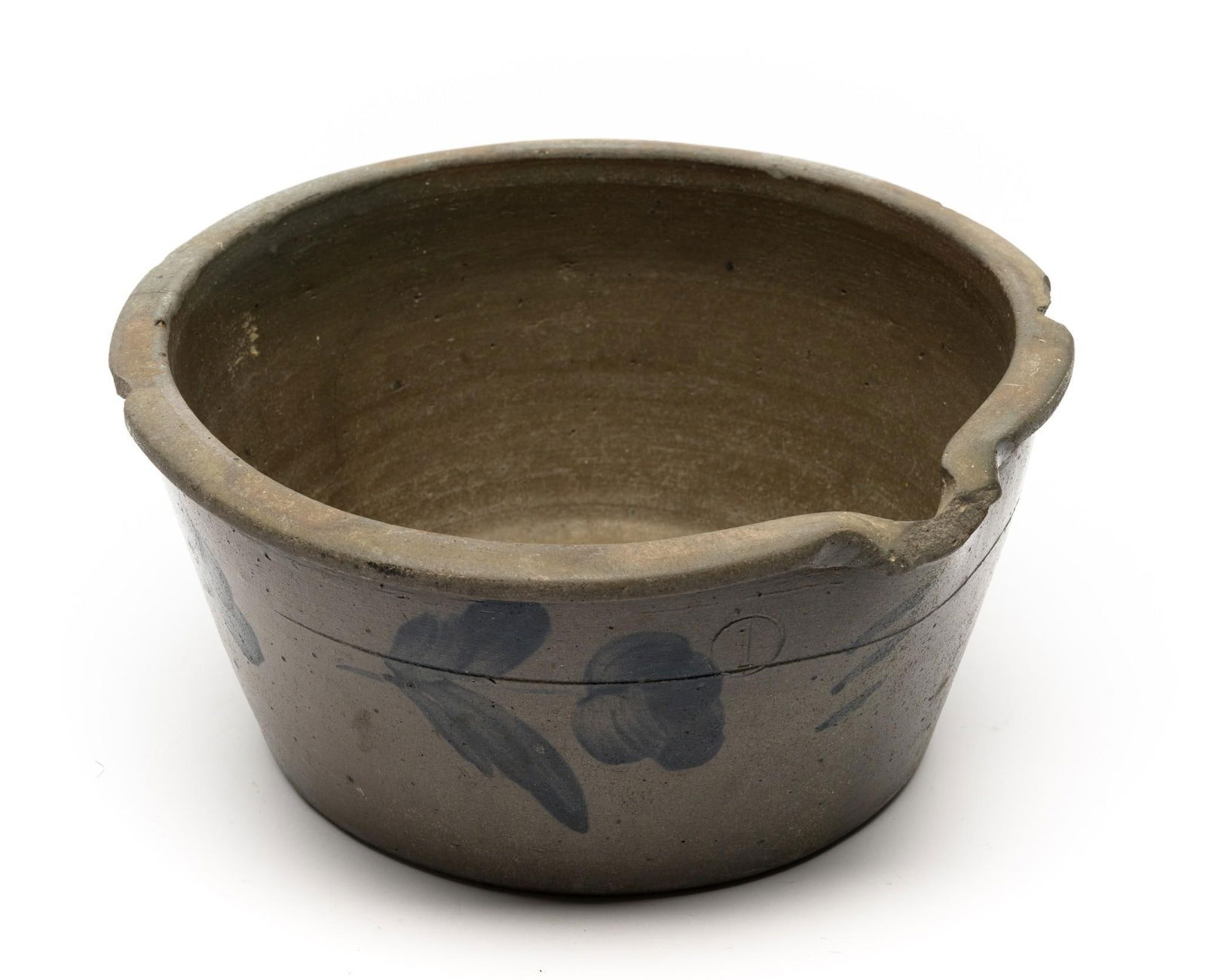 Stoneware Bowl: 11-1/4" wide x 5" high. Crack on bottom. Chips to rim.